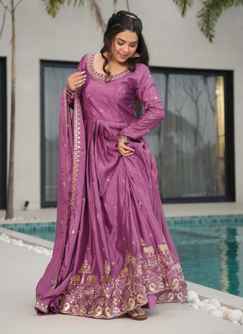 Prazu Fashion Onion Pink Chinon Silk Embroidered Sequence Gown With Dupatta