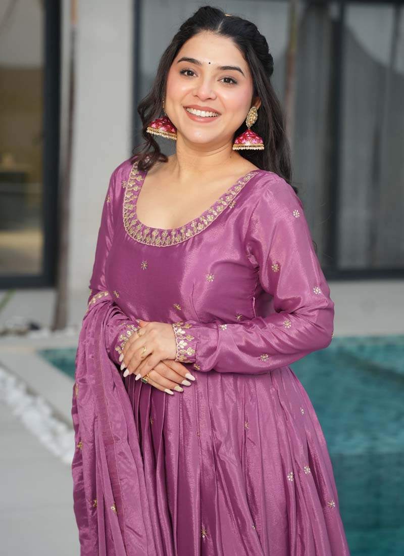 Prazu Fashion Onion Pink Chinon Silk Embroidered Sequence Gown With Dupatta