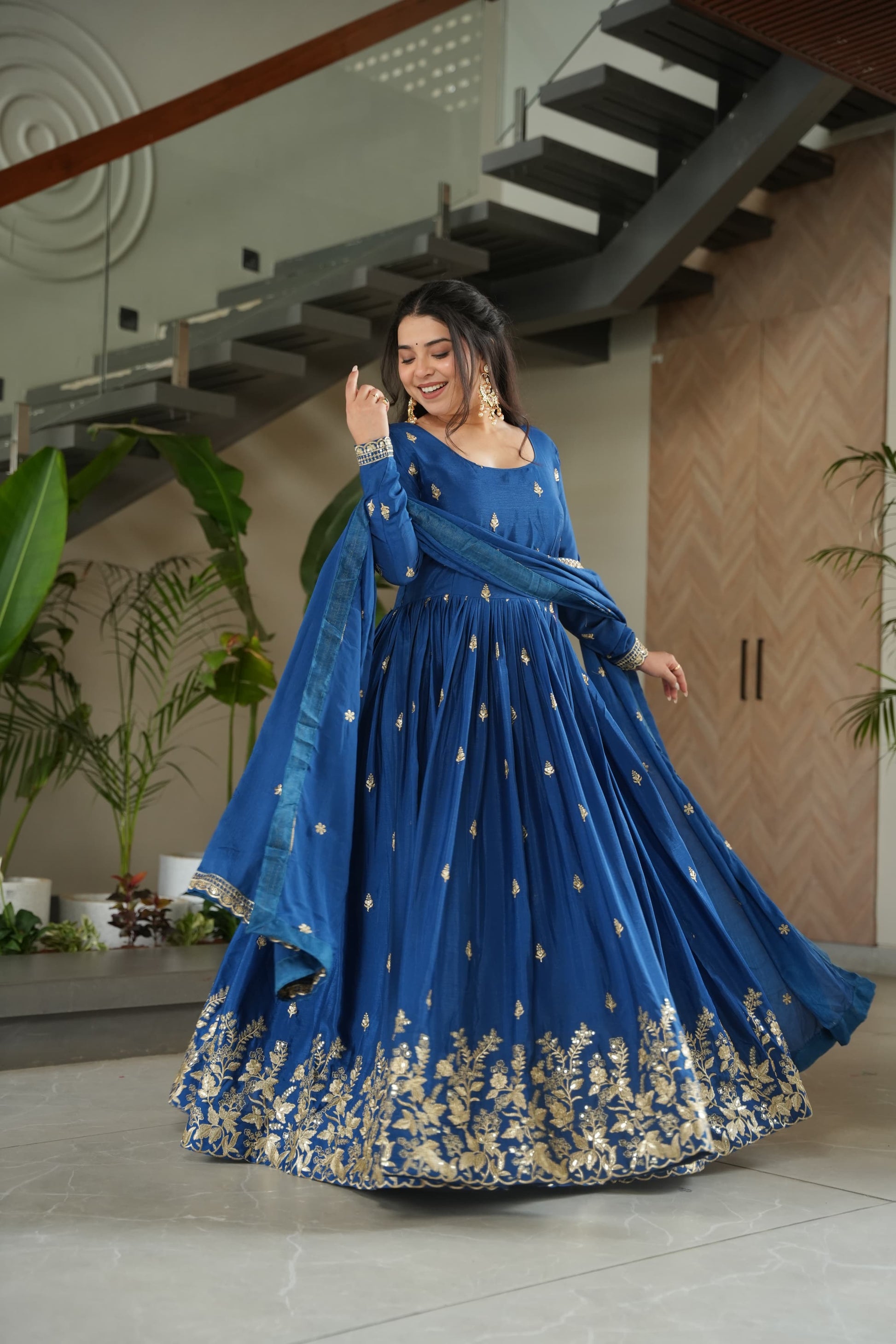 Prazu Fashion Blue Chinon Silk Embroidered Zari Gown With Dupatta