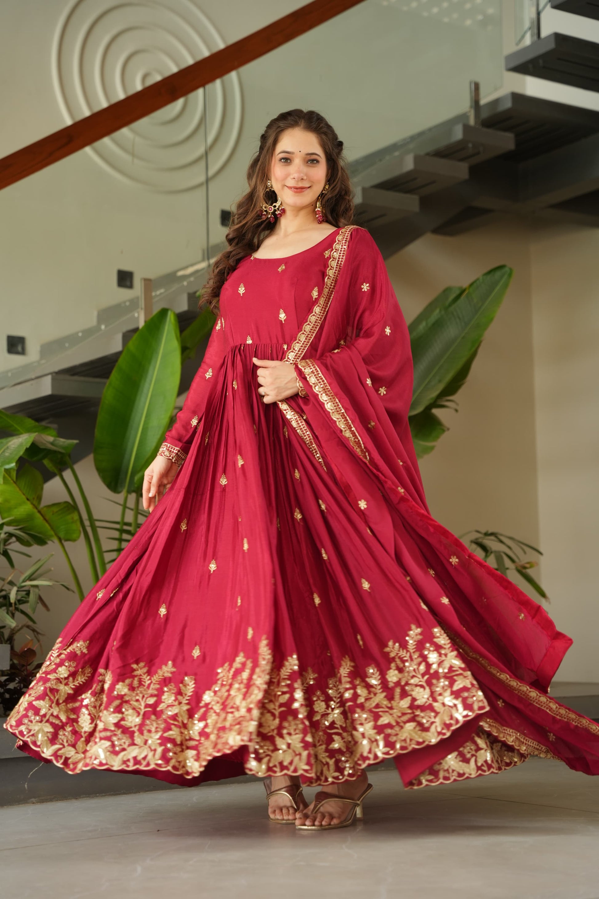 Prazu Fashion Maroon Chinon Silk Embroidered Zari Gown With Dupatta