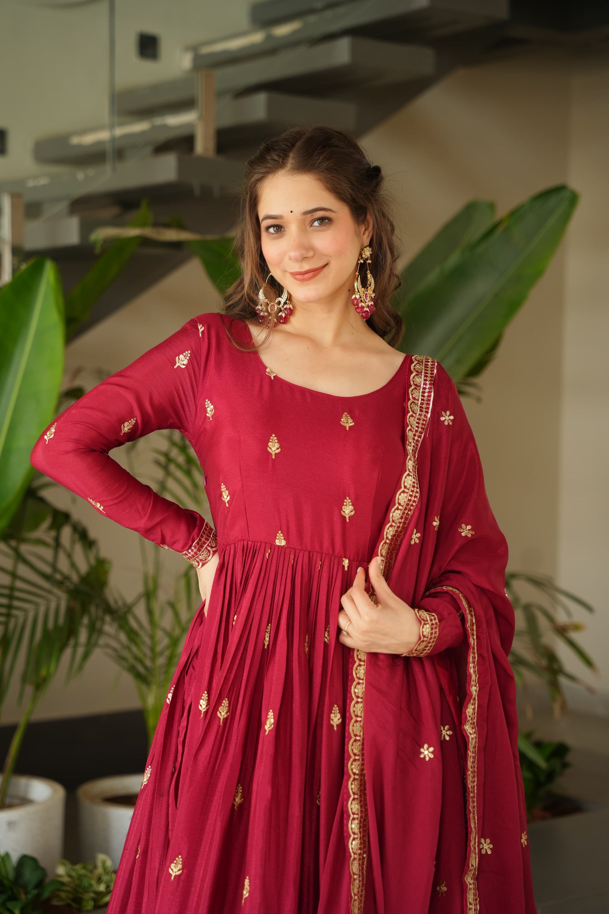 Prazu Fashion Maroon Chinon Silk Embroidered Zari Gown With Dupatta