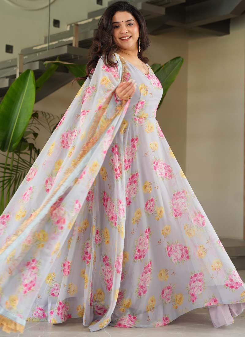 Prazu Fashion Light Grey Georgette Digital Printed Gown With Dupatta