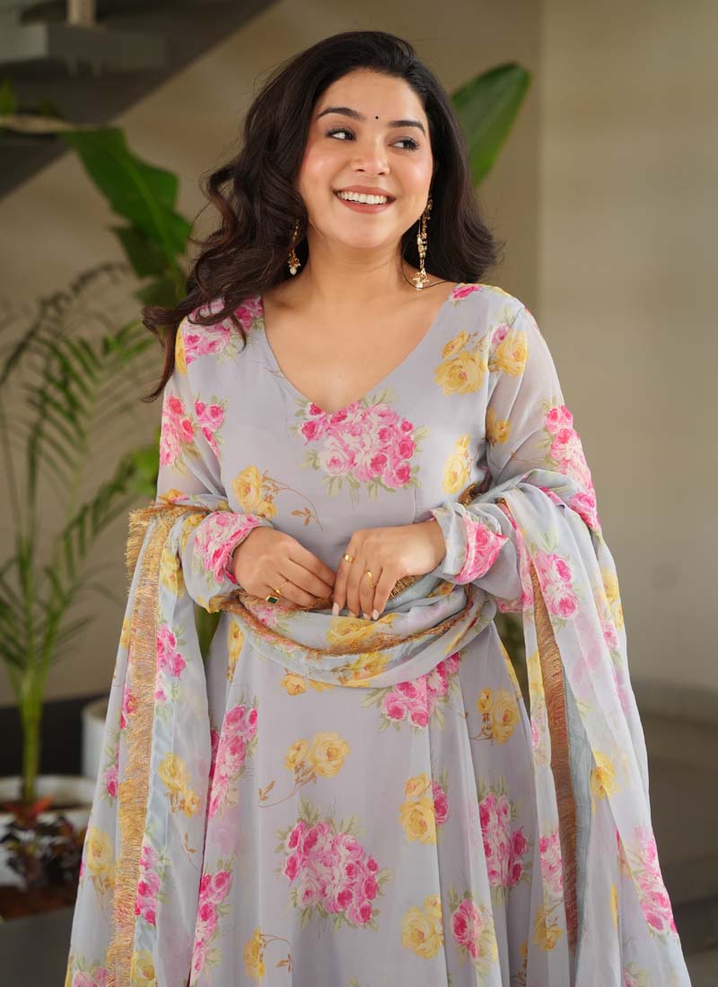 Prazu Fashion Light Grey Georgette Digital Printed Gown With Dupatta