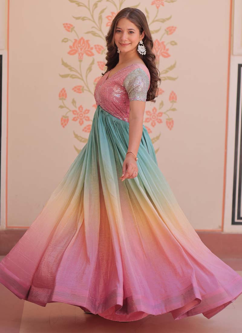 Prazu Fashion Multi Color Georgette Embroidered Gown