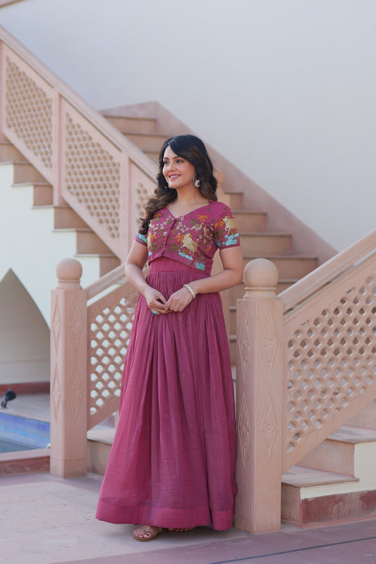 Prazu Fashion Onion Pink Silver Crunchy Fabric Embroidered Gown With Koti