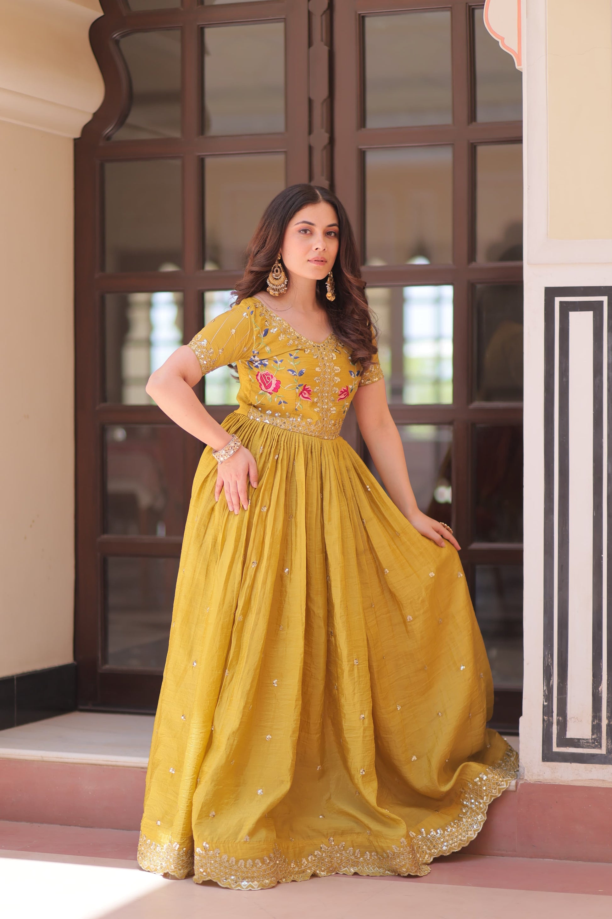 Prazu Fashion Yellow Gold Crush With Multi Thread Embroidery Gown