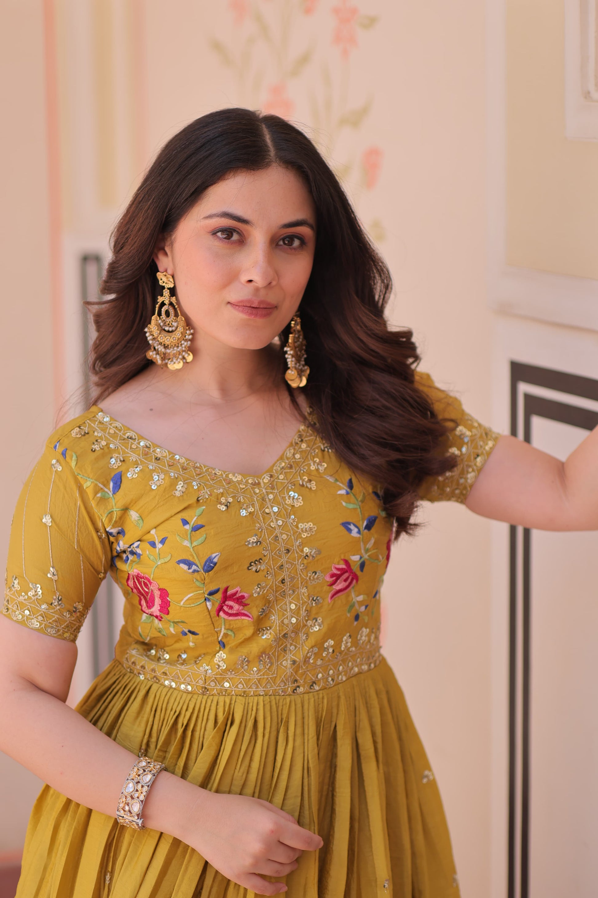 Prazu Fashion Yellow Gold Crush With Multi Thread Embroidery Gown