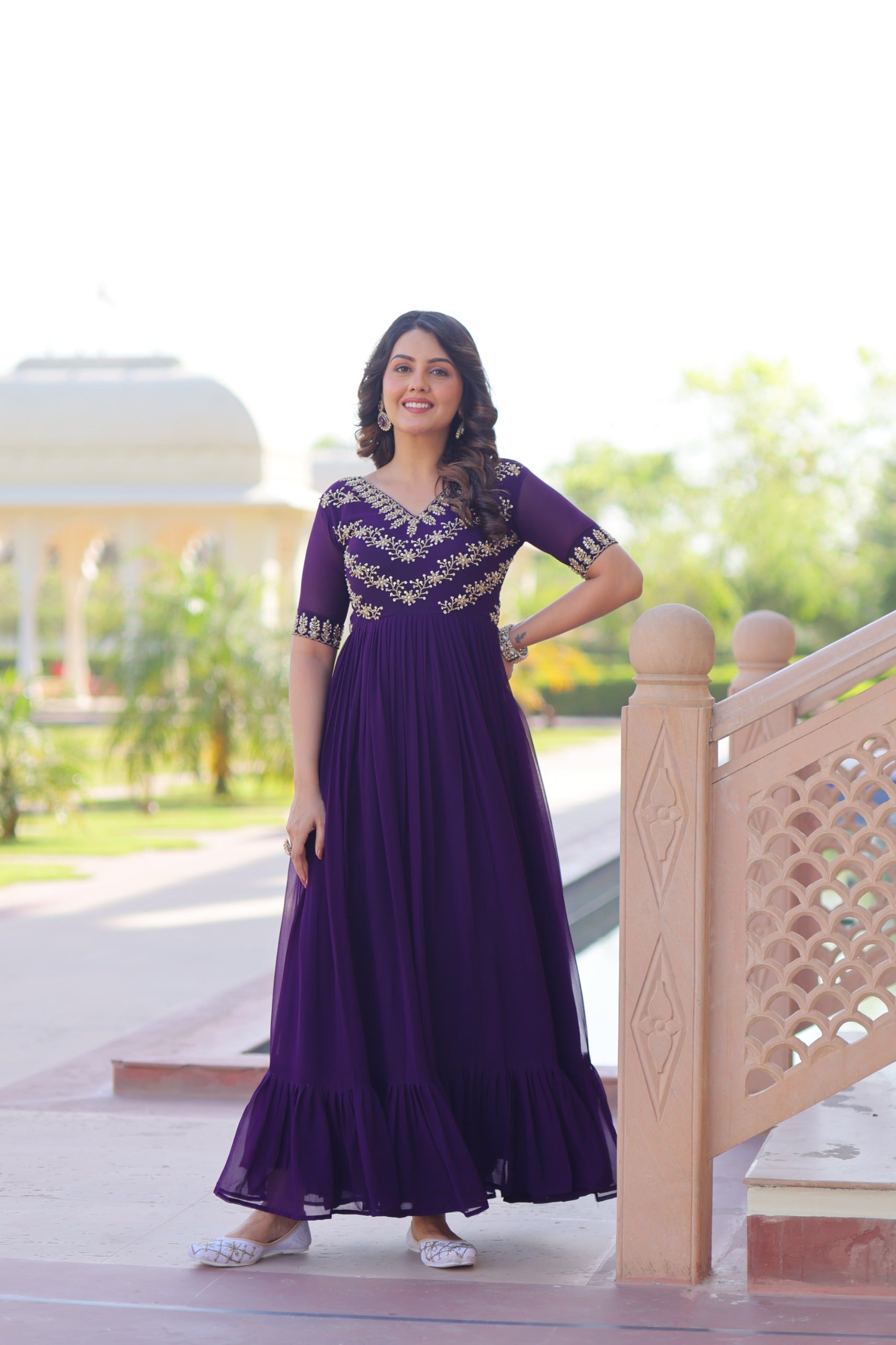 Prazu Fashion Purple Georgette Multithreaded Beads Embroidered Gown