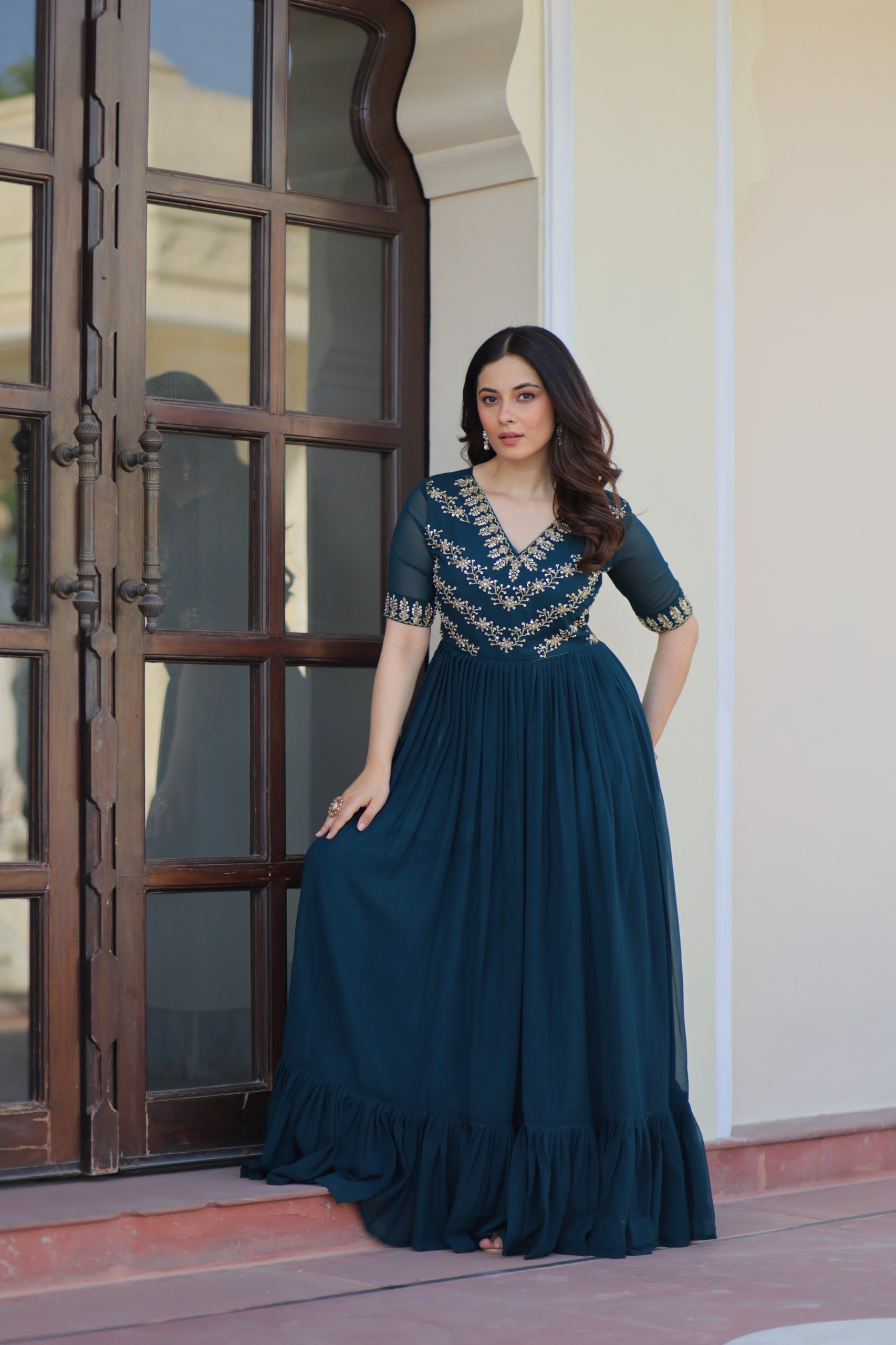 Prazu Fashion Rama Georgette Multithreaded Beads Embroidered Gown
