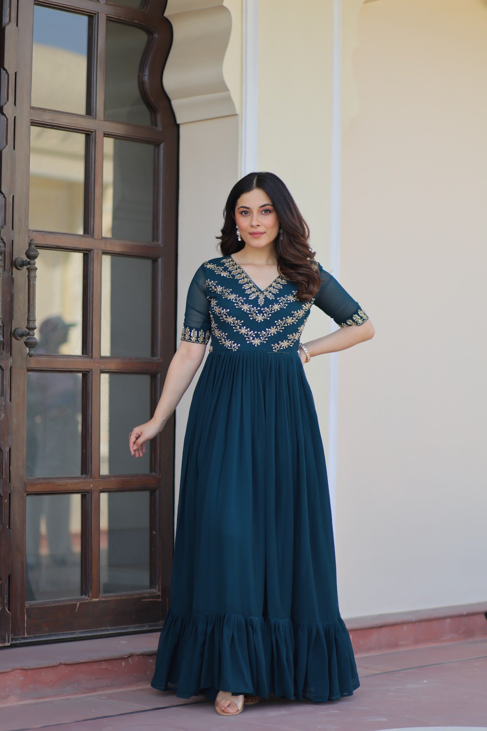 Prazu Fashion Rama Georgette Multithreaded Beads Embroidered Gown