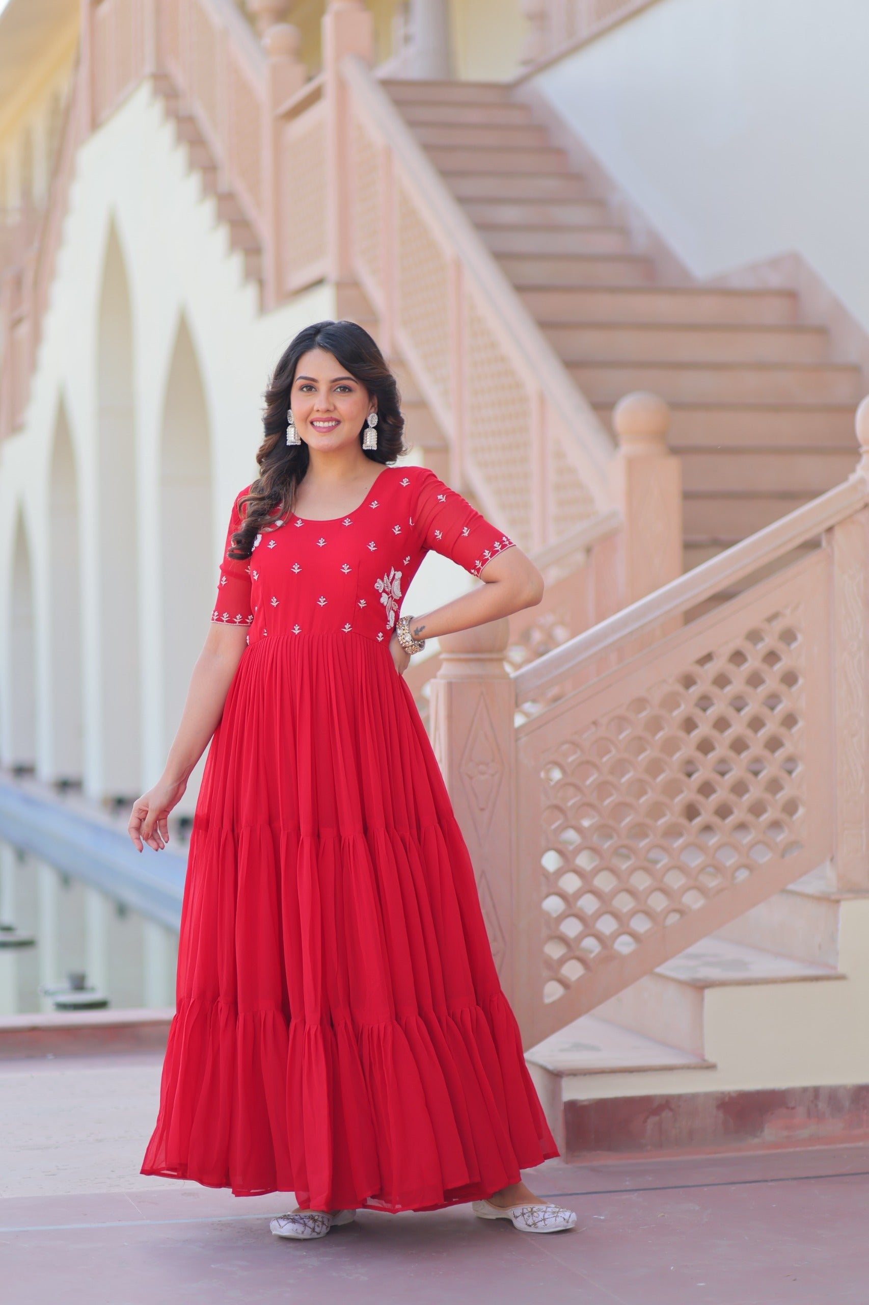 Prazu Fashion Red Georgette Beads Embroidered Designer Gown