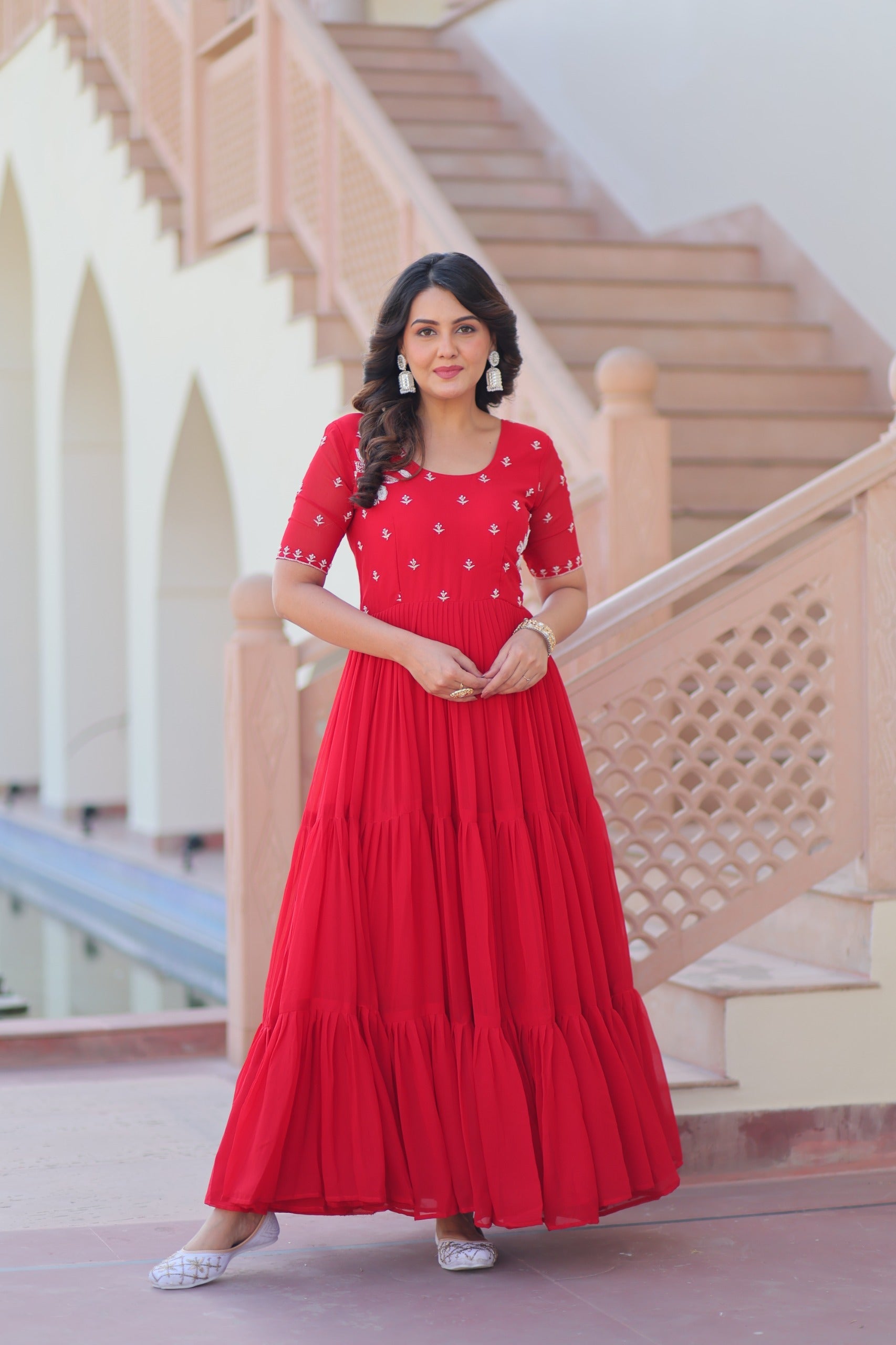 Prazu Fashion Red Georgette Beads Embroidered Designer Gown