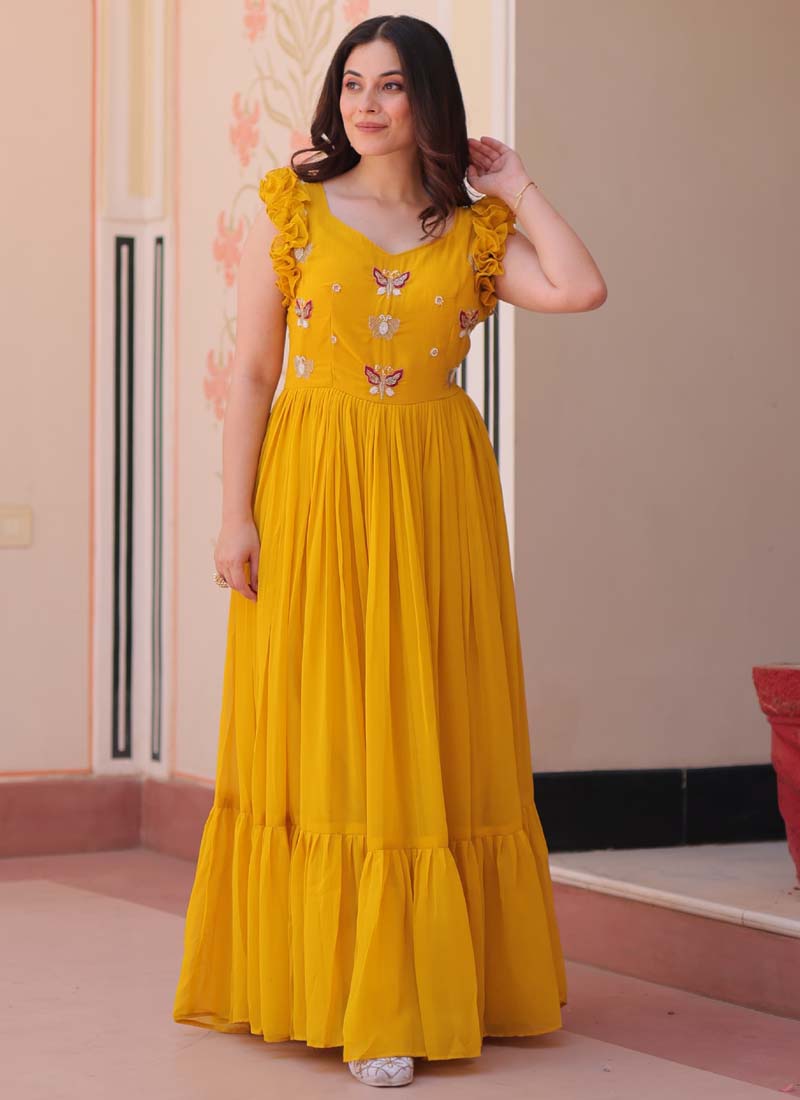 Prazu Fashion Yellow Georgette Embroidered Designer Gown
