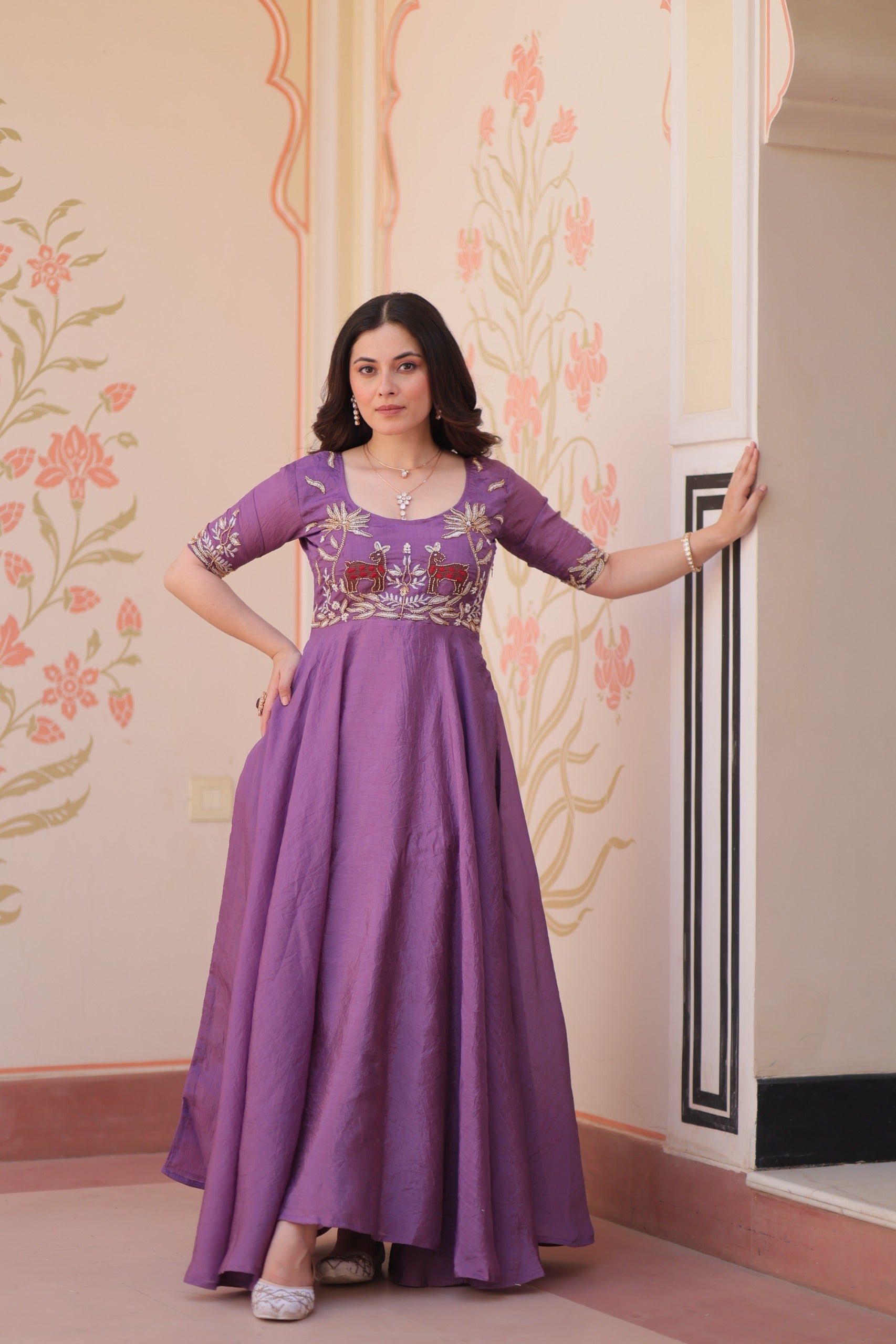 Prazu Fashion Lavender Gold Crush With Beads Embroidered Work Gown