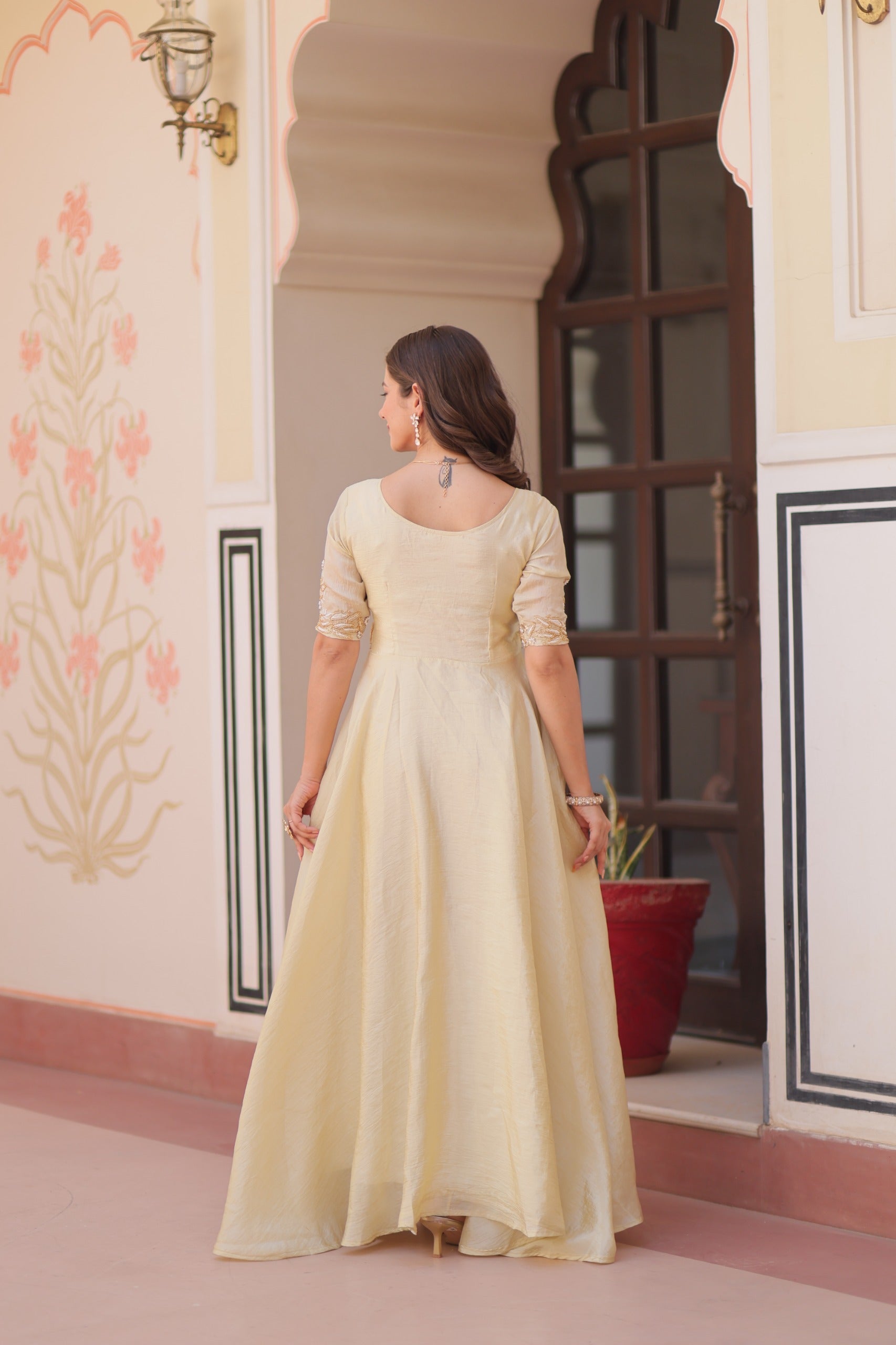 Prazu Fashion Off White Gold Crush With Beads Embroidered Work Gown