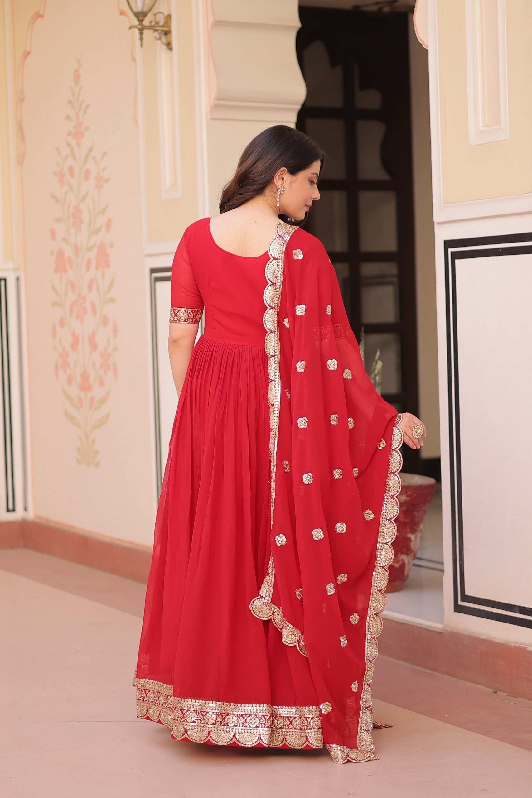 Prazu Fashion Red Georgette Embroidered Gown With Dupatta