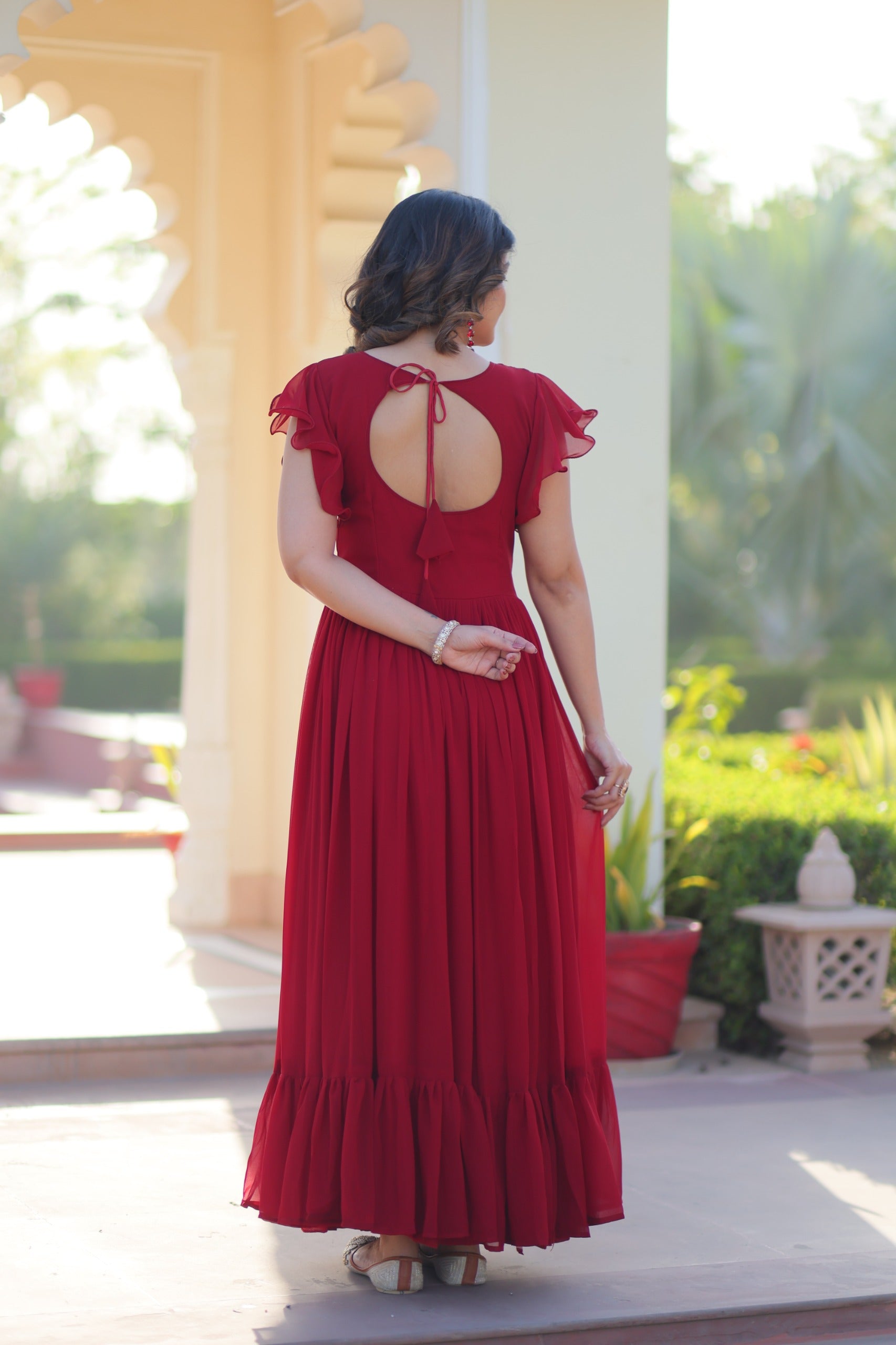 Prazu Fashion Maroon Georgette Beads And Sequins Embroidered Gown