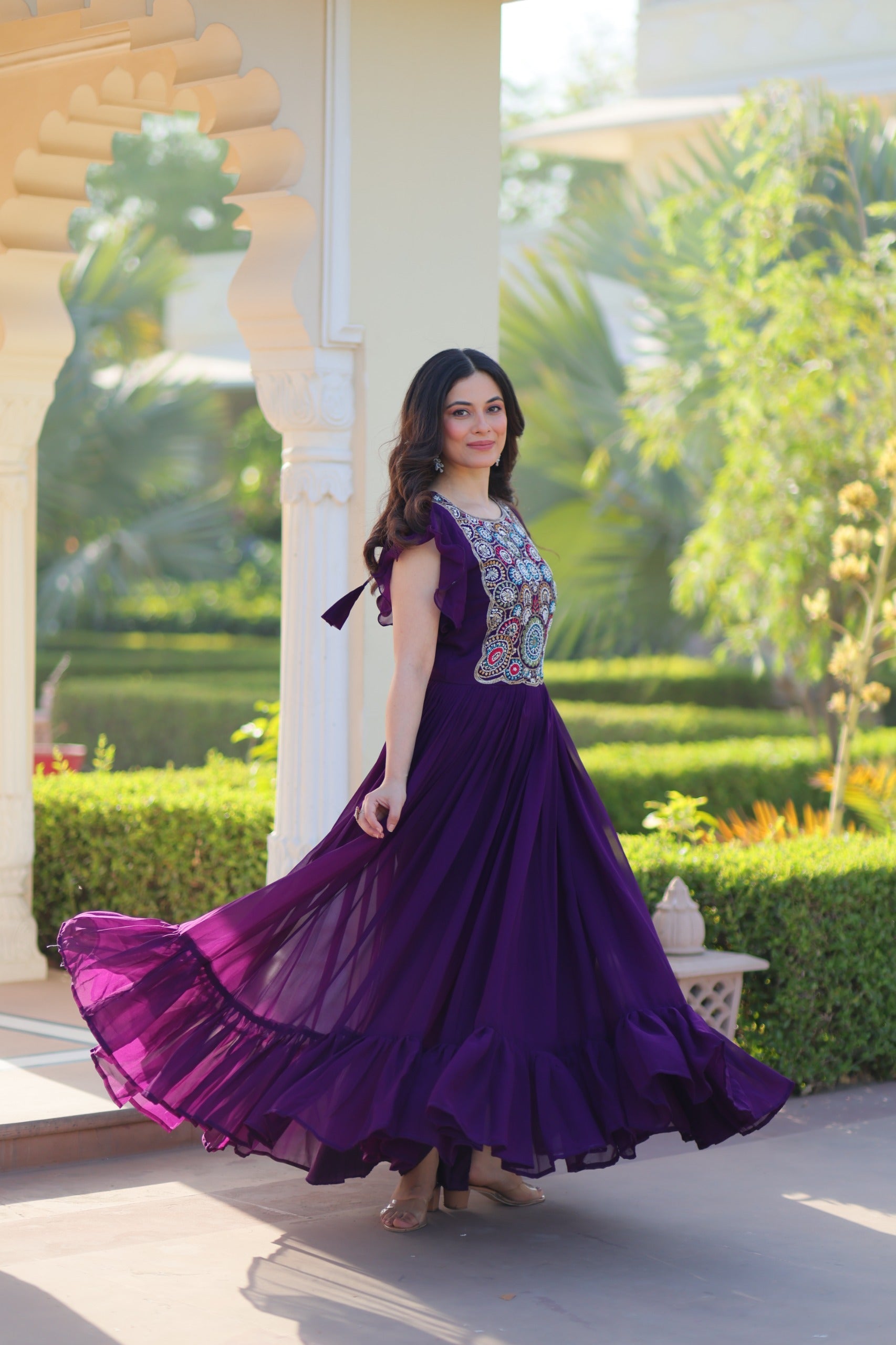 Prazu Fashion Purple Georgette Beads And Sequins Embroidered Gown
