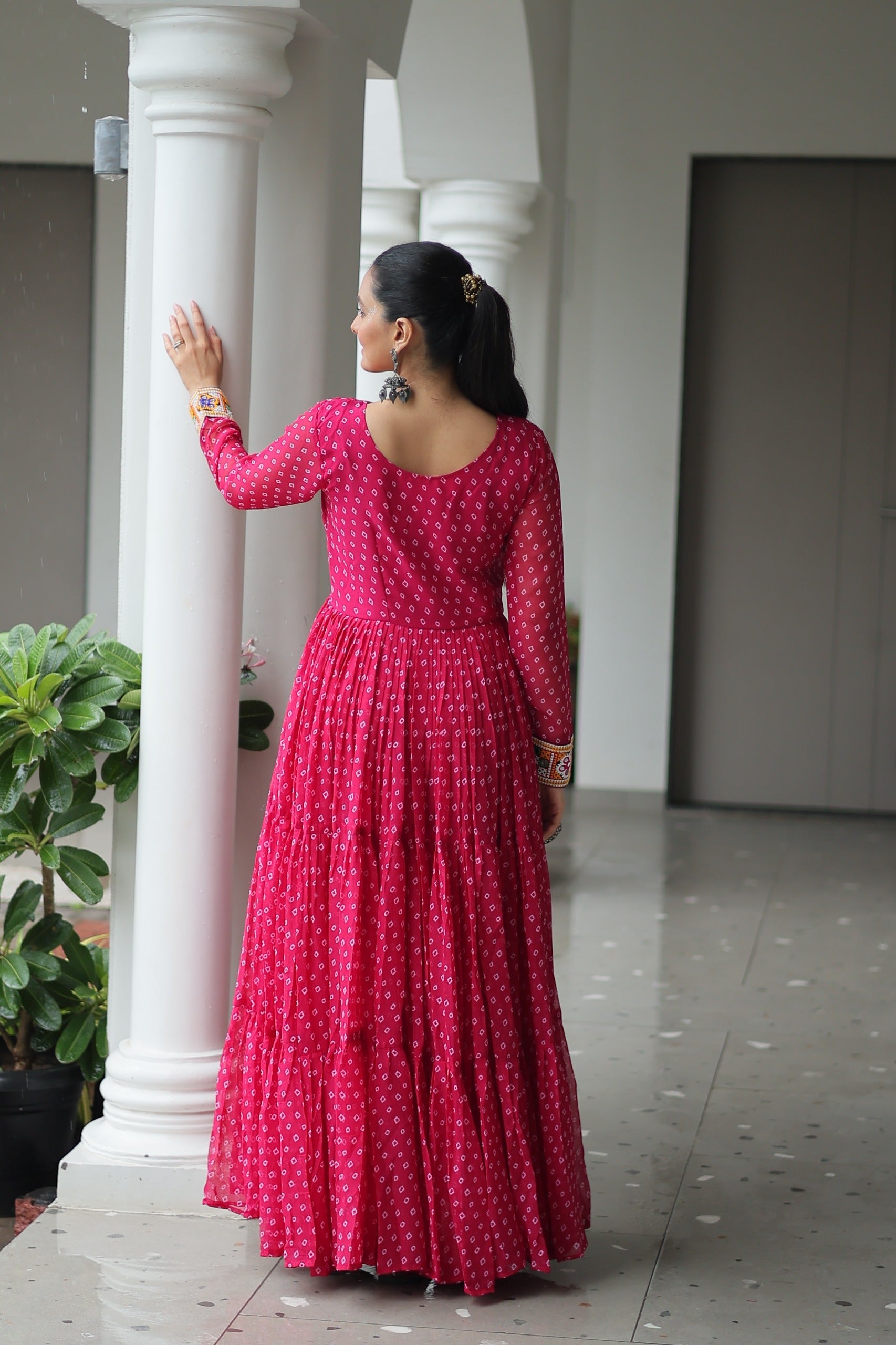 Prazu Fashion Pink Georgette Bandhani Printed With Kutchi Patchework Navaratri Gown