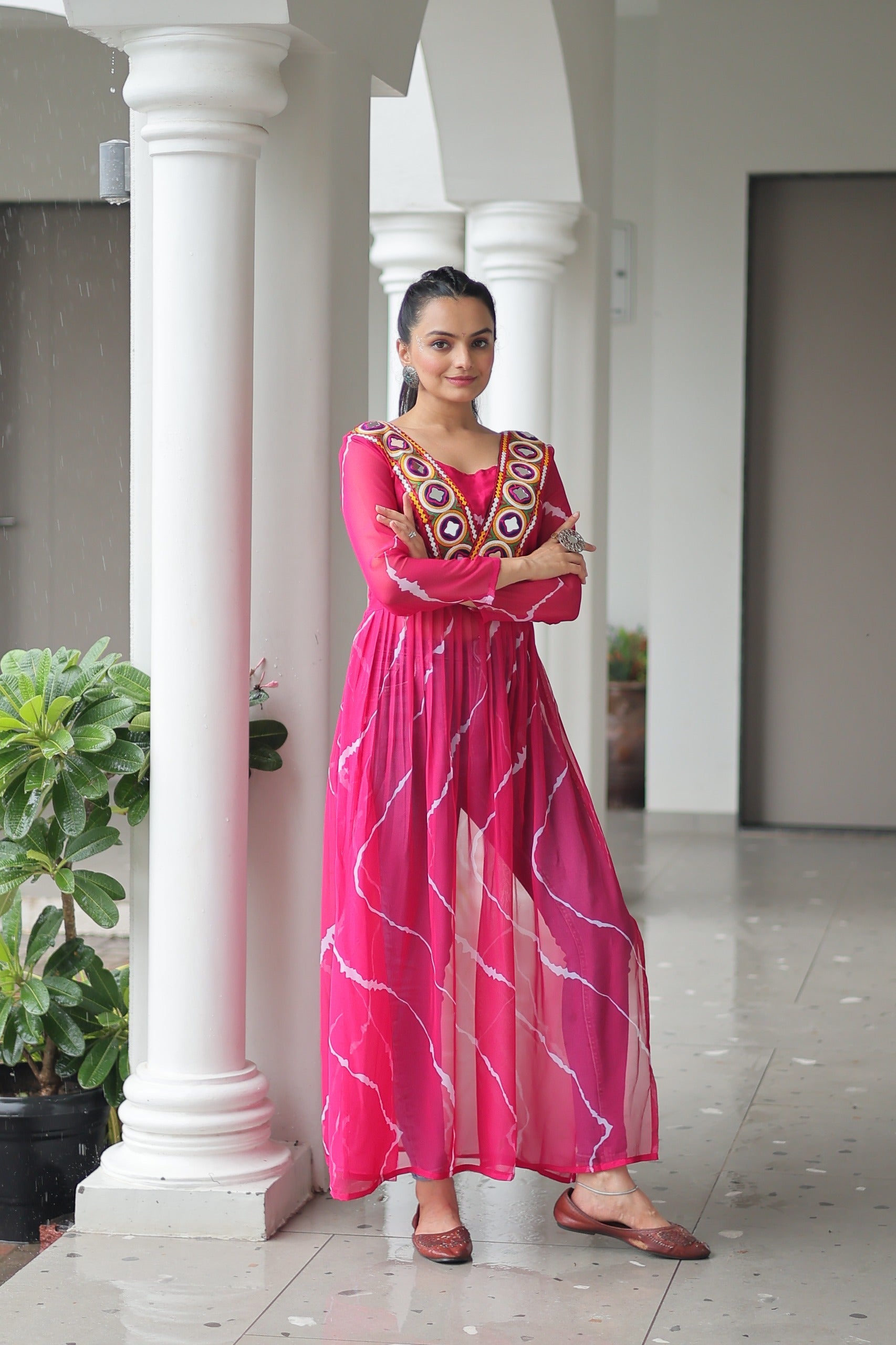 Prazu Fashion Pink Georgette Leheriya Print Work With Kutchi Patchework Navaratri Gown