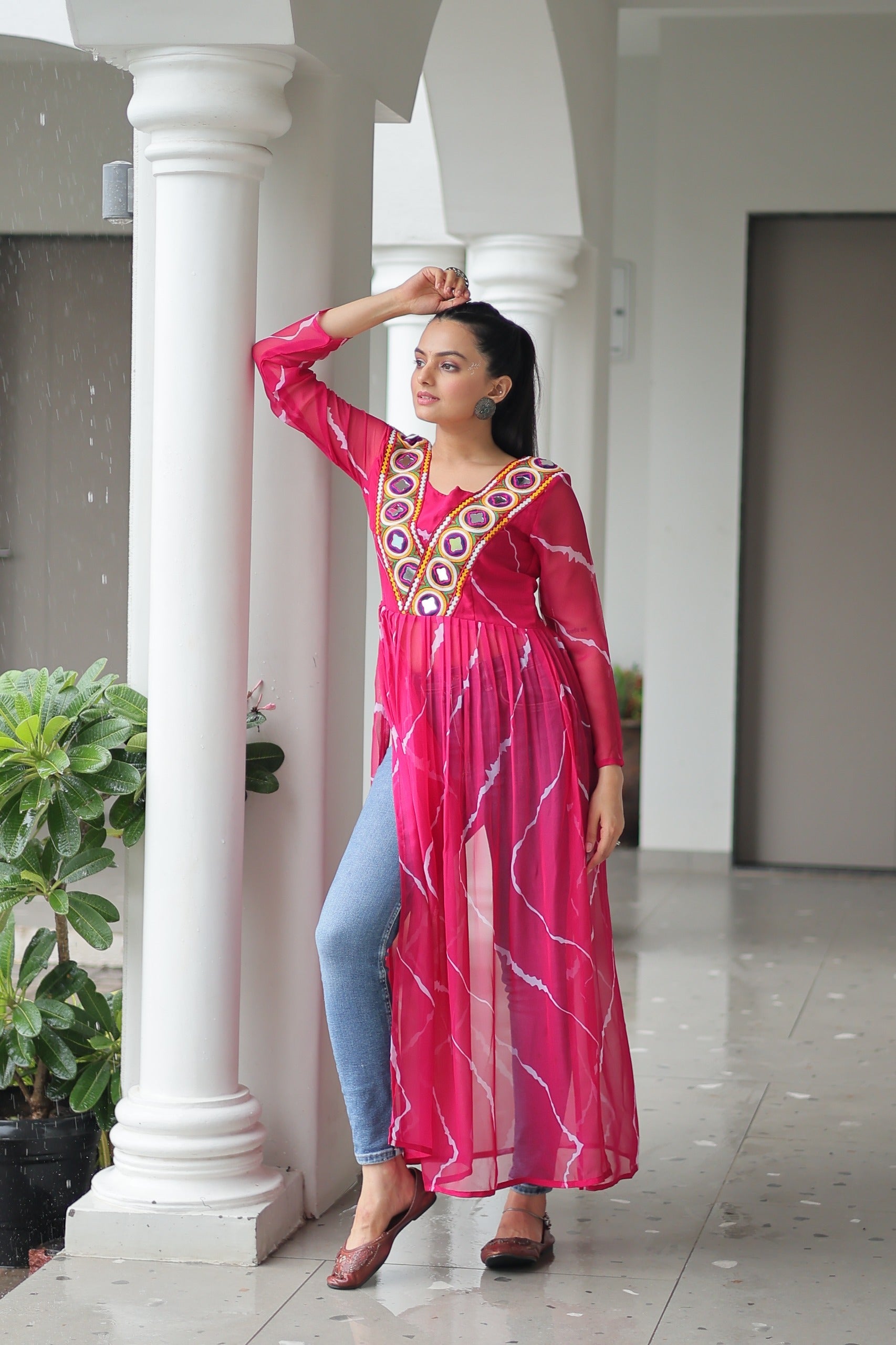 Prazu Fashion Pink Georgette Leheriya Print Work With Kutchi Patchework Navaratri Gown