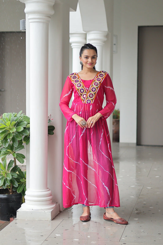 Prazu Fashion Pink Georgette Leheriya Print Work With Kutchi Patchework Navaratri Gown
