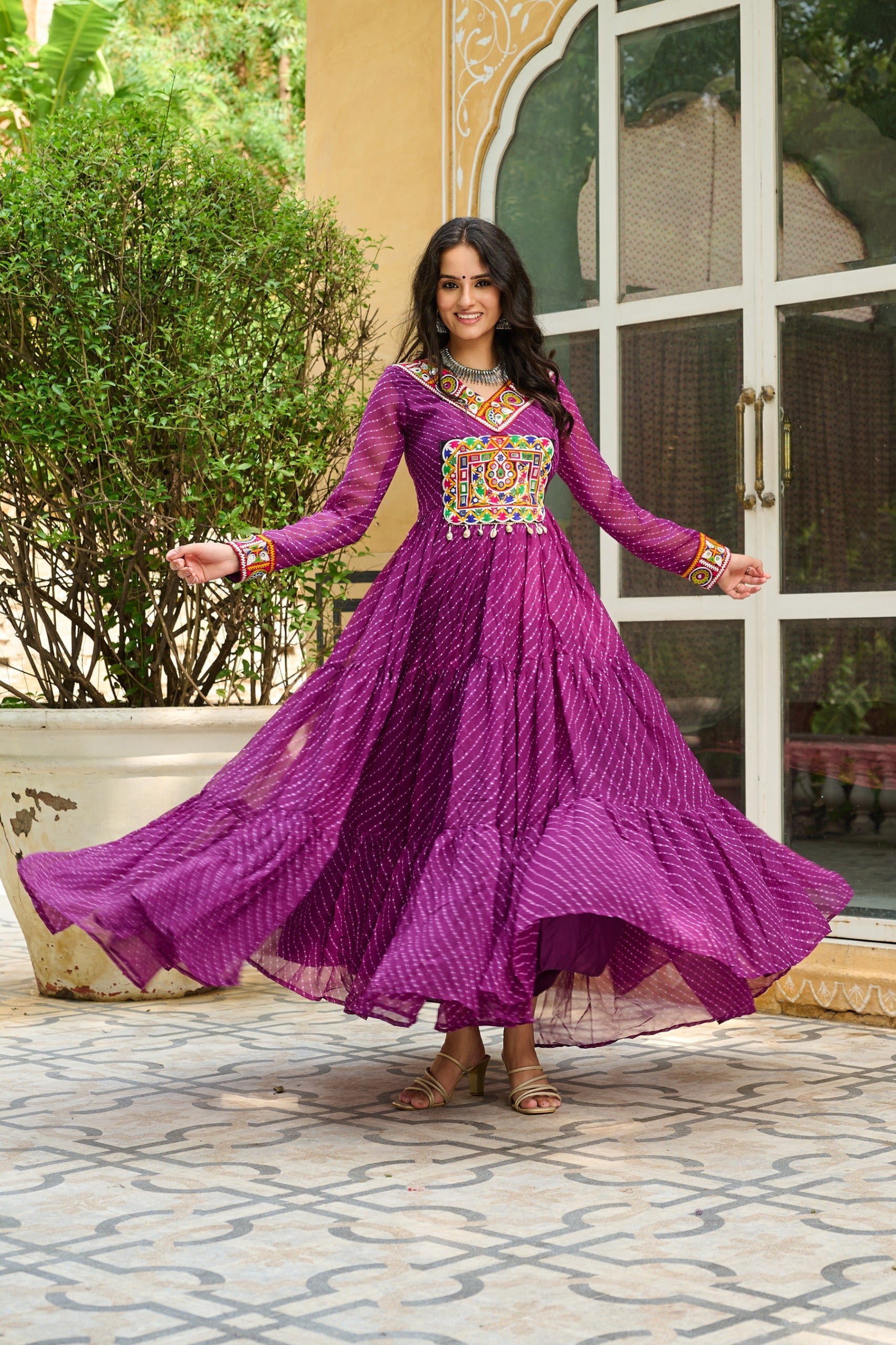 Prazu Fashion Wine Georgette Leheriya Print Work With Kutchi Patchework Navaratri Gown