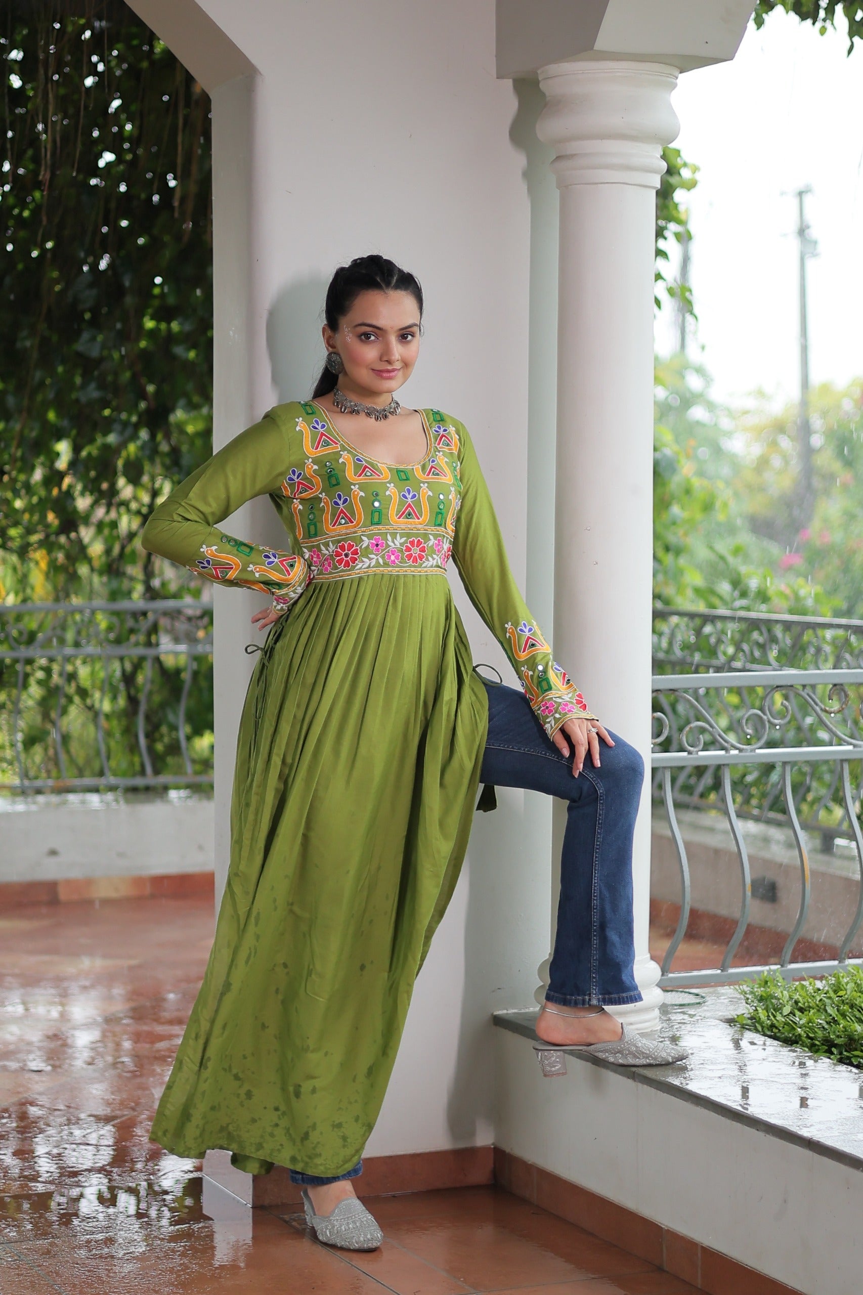 Prazu Fashion Parrot Reyon Kutchi Gamthi Work Navaratri Gown