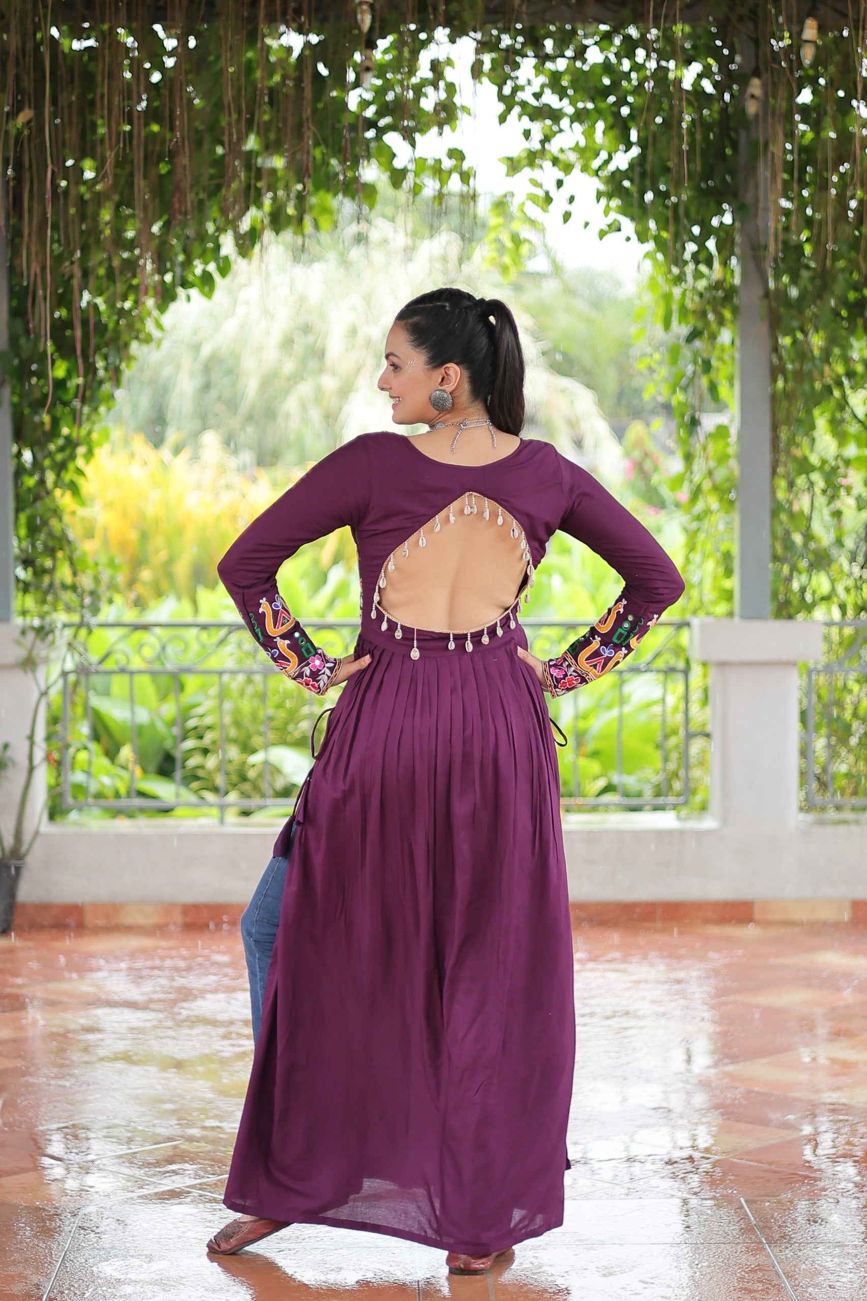 Prazu Fashion Wine Reyon Kutchi Gamthi Work Navaratri Gown