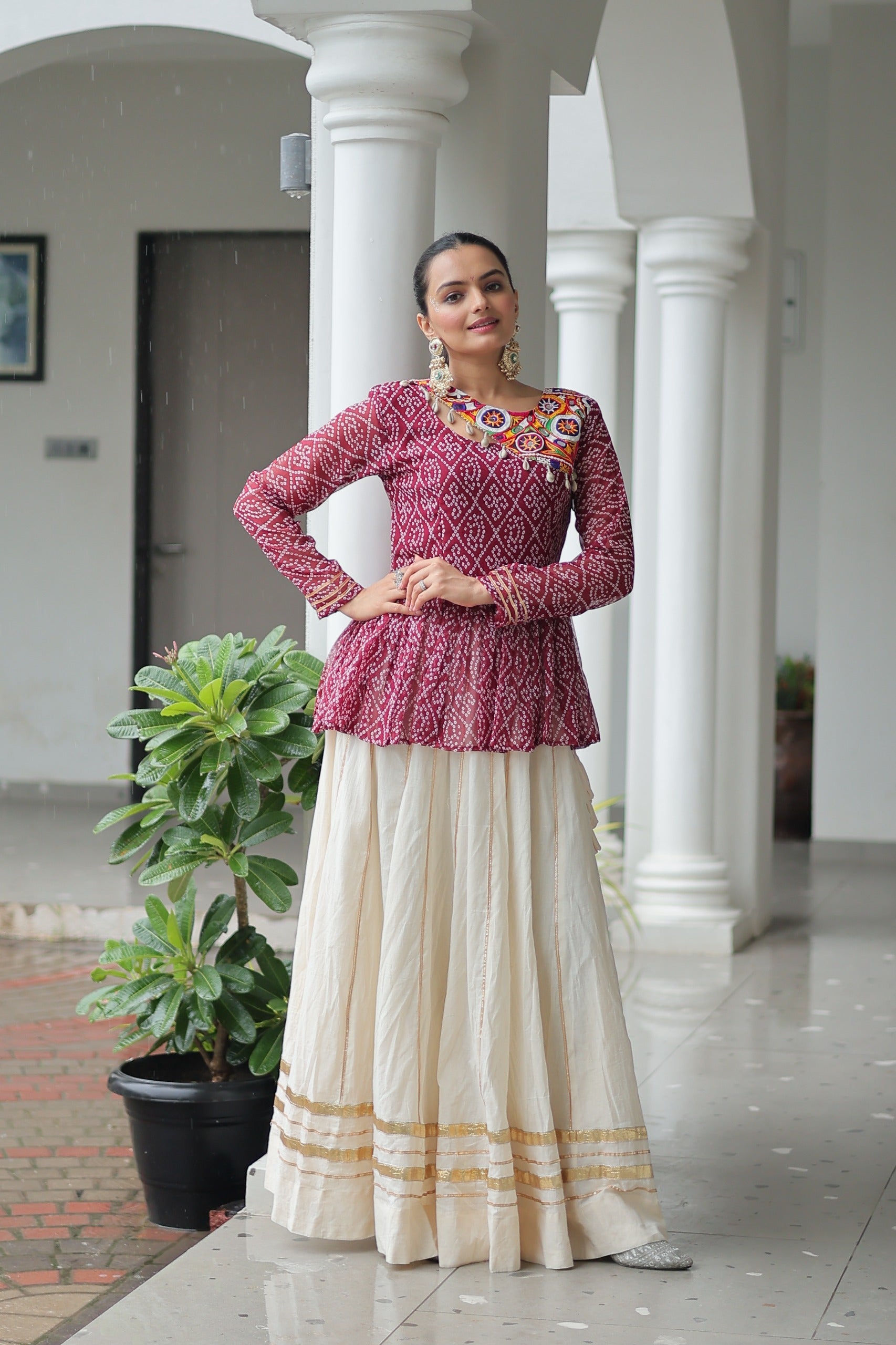 Prazu Fashion Wine Bandhani Print Work With Kutchi Gamthi Patchework Navaratri Lehenga