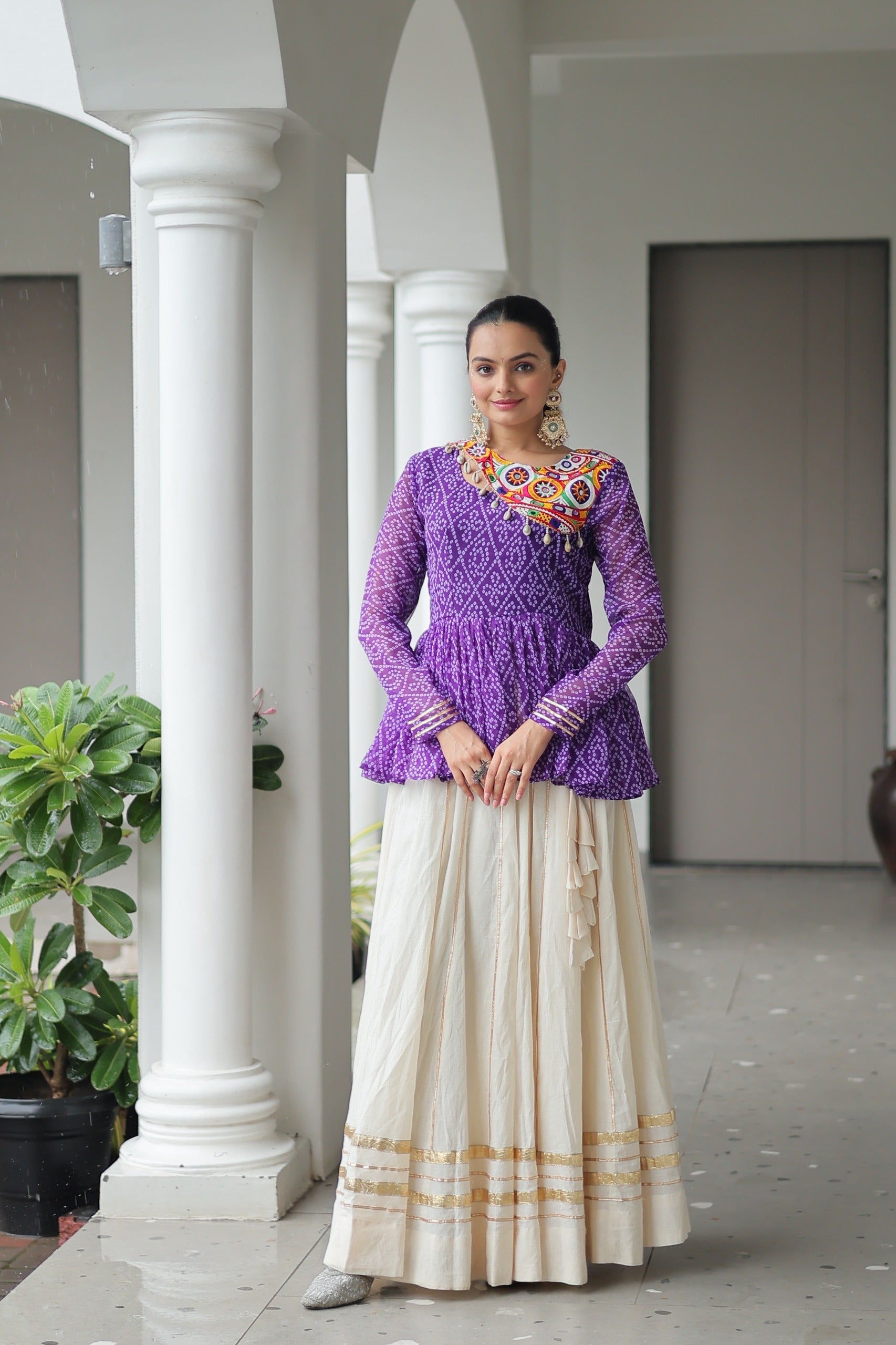 Prazu Fashion Violet Bandhani Print Work With Kutchi Gamthi Patchework Navaratri Lehenga