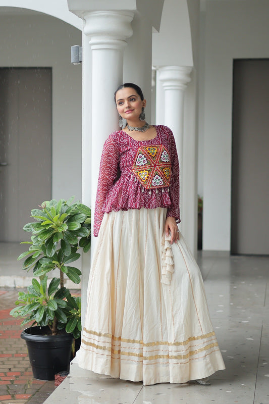 Prazu Fashion Wine Georgette Bandhani Print With Kutchi Gamthi Patchwork Navratri Lehenga