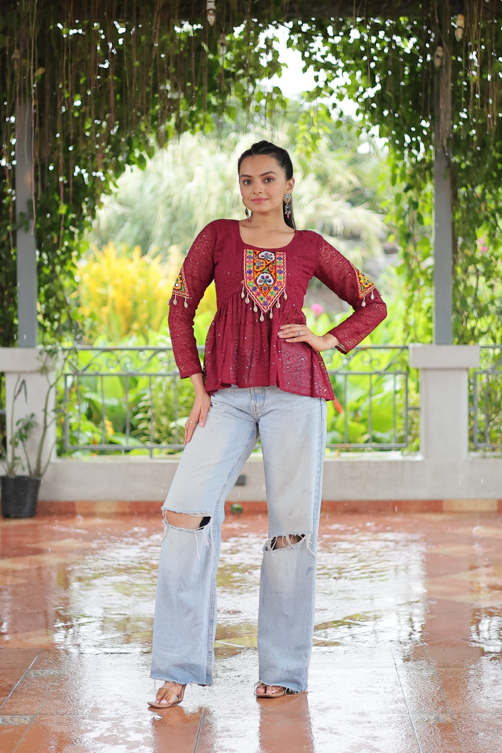 Prazu Fashion Maroon Georgette Schiffli Work Kutchi Gamthi Patch Work Navaratri Top | Grab2Buy