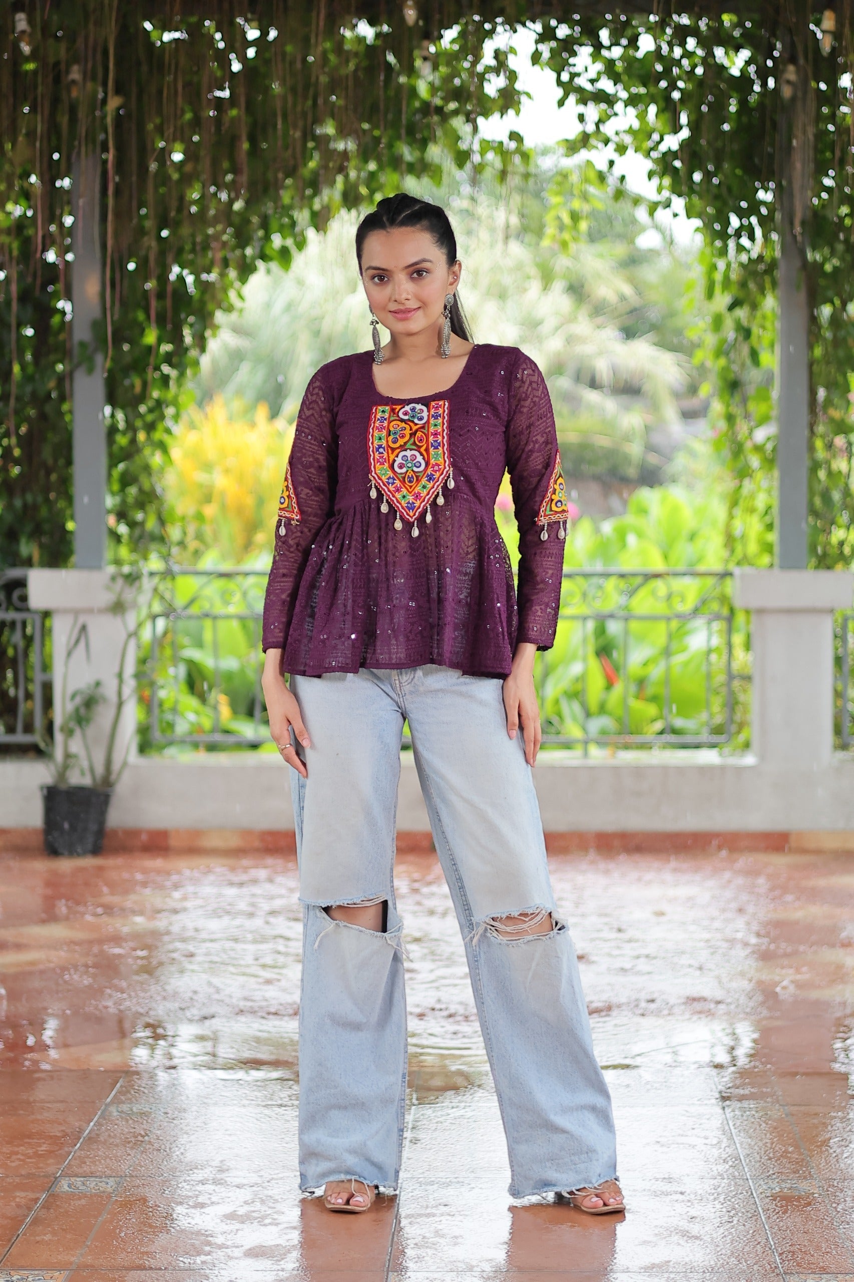 Prazu Fashion Wine Georgette Schiffli Work Kutchi Gamthi Patch Work Navaratri Top | Grab2Buy