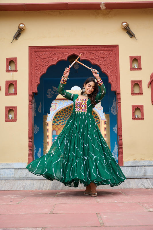 Prazu Fashion Green Georgette Laheriya Print Kutchi Patch Work Navaratri Gown