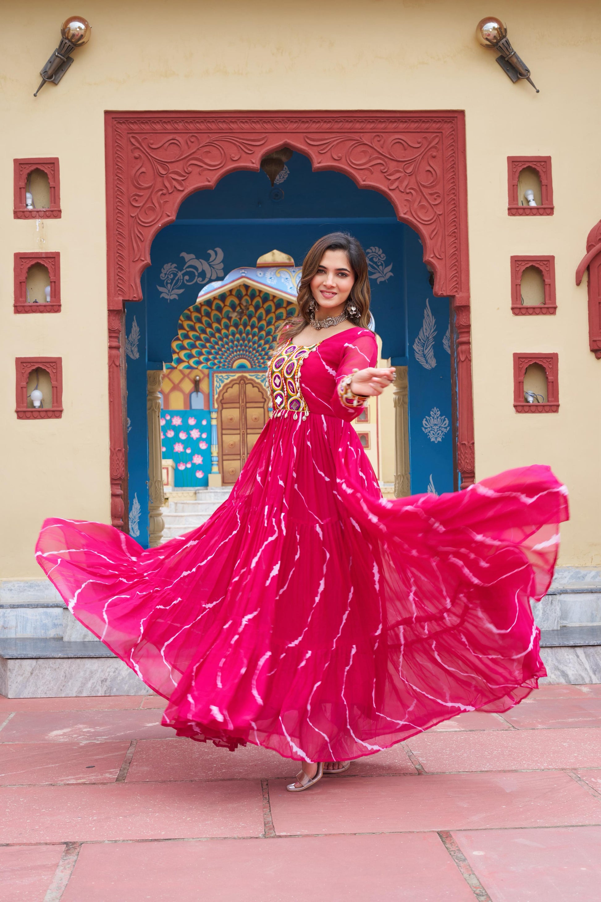 Prazu Fashion Pink Georgette Laheriya Print Kutchi Patch work Navaratri Gown