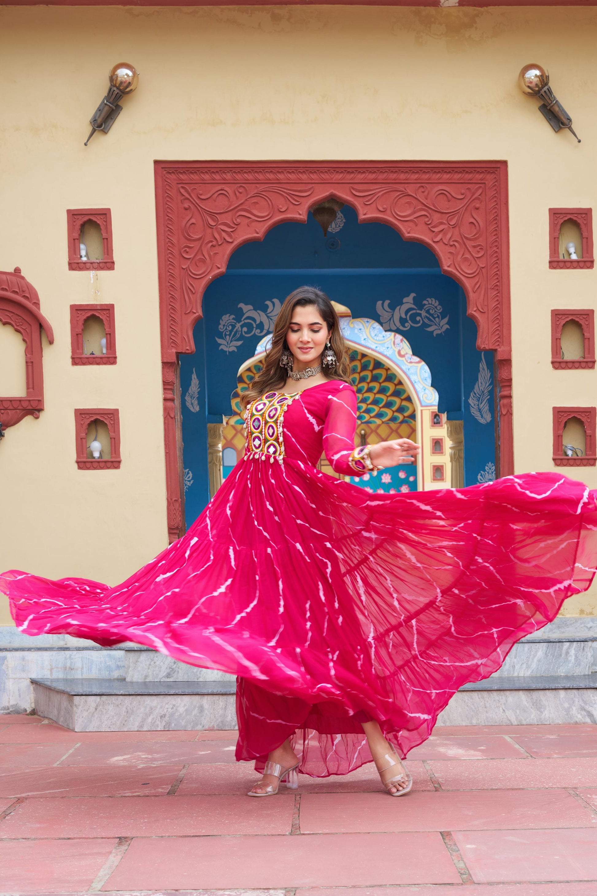 Prazu Fashion Pink Georgette Laheriya Print Kutchi Patch work Navaratri Gown
