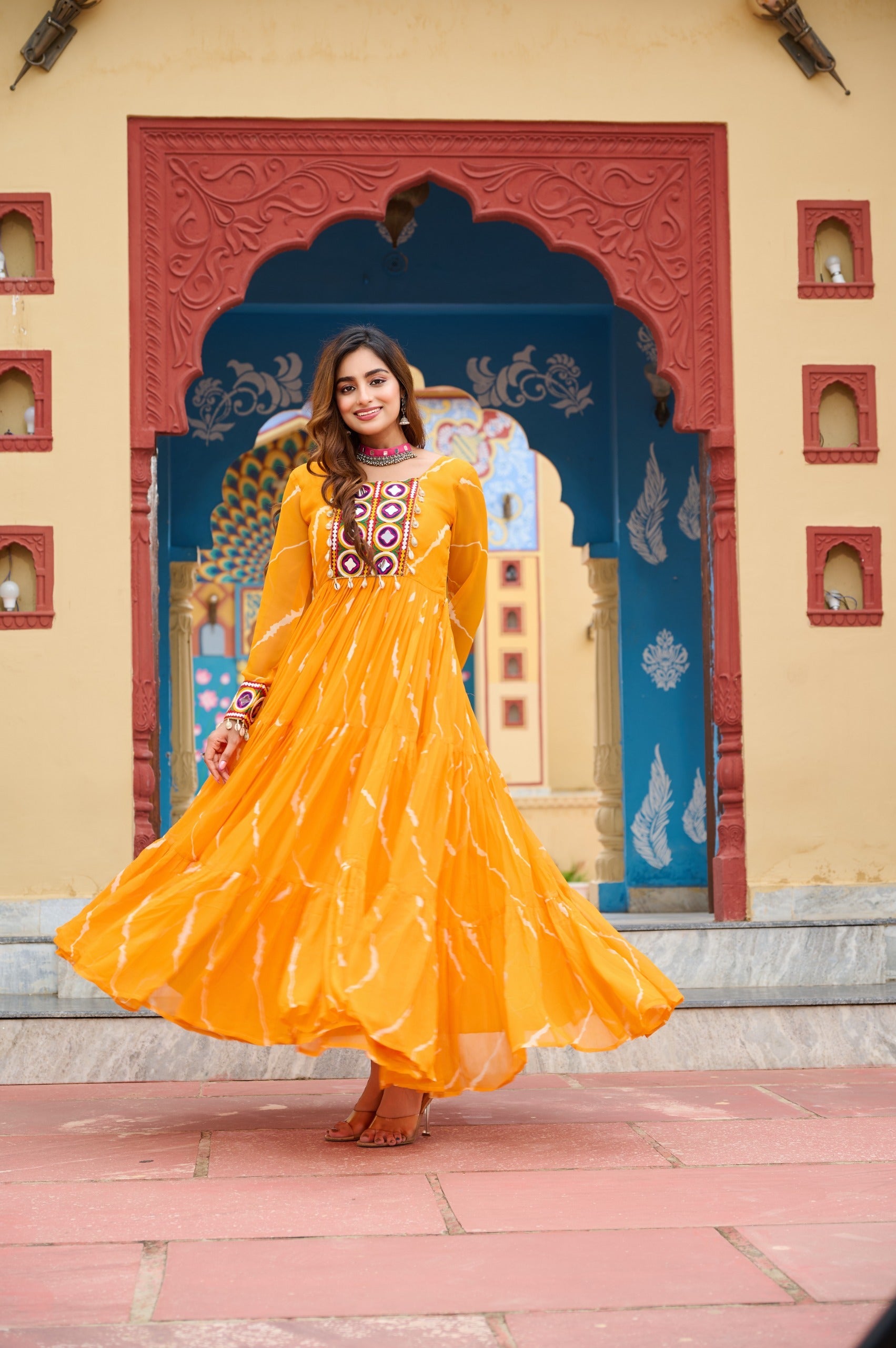 Prazu Fashion Yellow Georgette Laheriya Print Kutchi Patch work Navaratri Gown