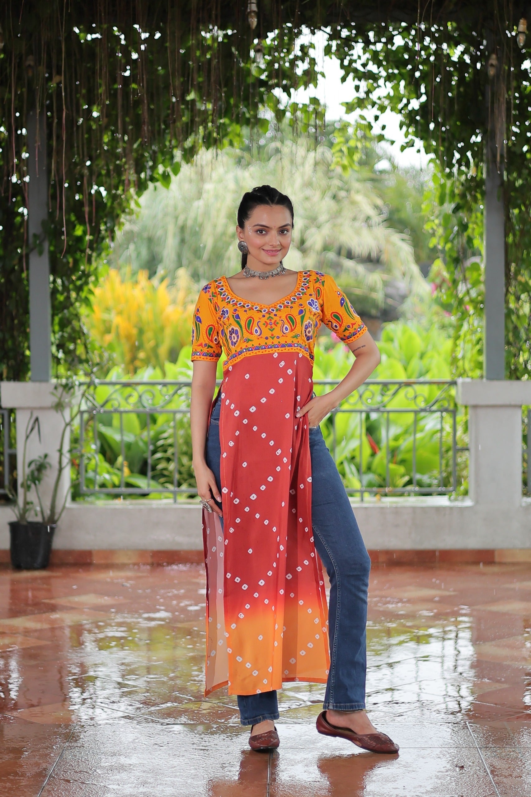 Prazu Fashion Red Rayon Printed With Kutchi Gamthi Work Navaratri Kurti