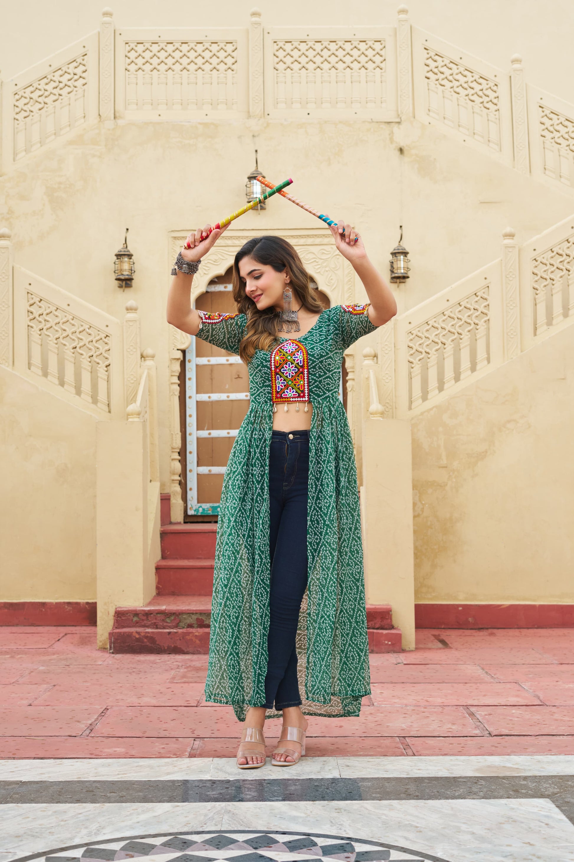 Prazu Fashion Green Georgette Bandhani Print With Kutchi Patch work Navaratri Kurti