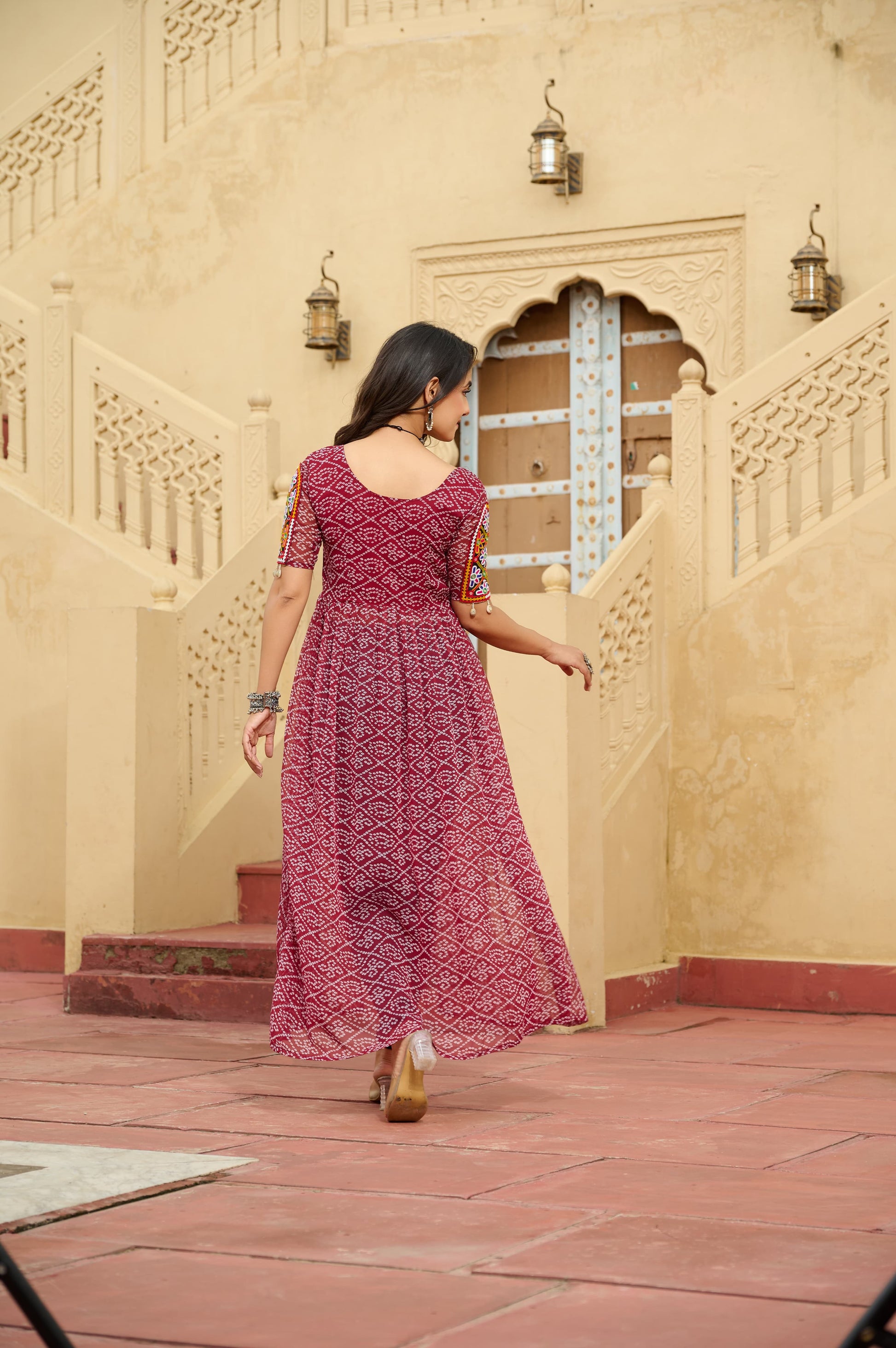 Prazu Fashion Maroon Georgette Bandhani Print With Kutchi Patch work Navaratri Kurti