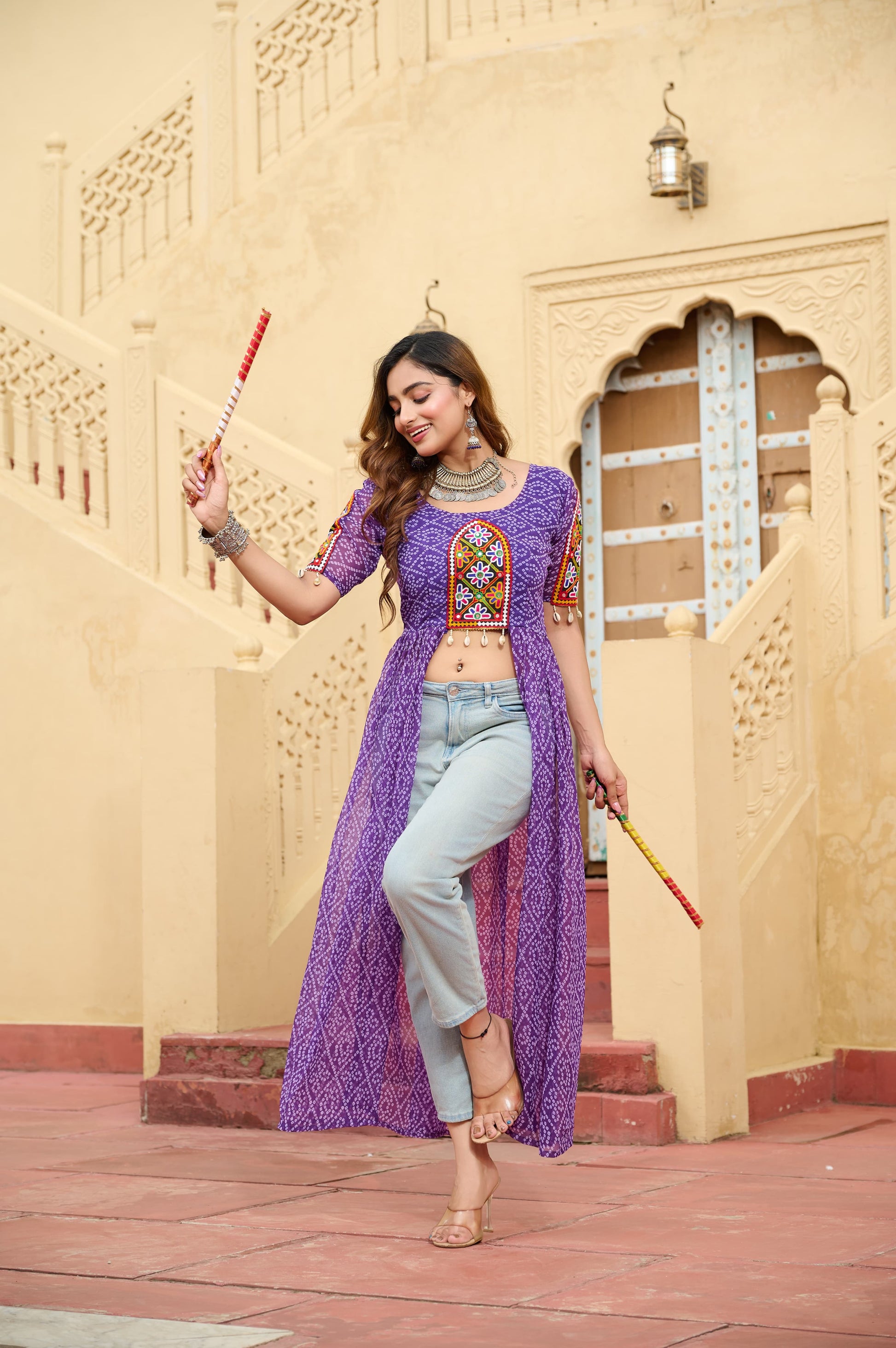 Prazu Fashion Violet Georgette Bandhani Print With Kutchi Patch work Navaratri Kurti