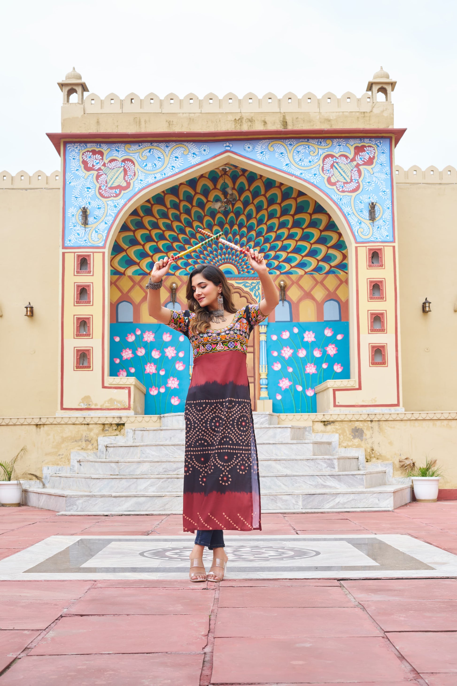 Prazu Fashion Black Rayon Printed With Kutchi Gamthi Work Navaratri Kurti