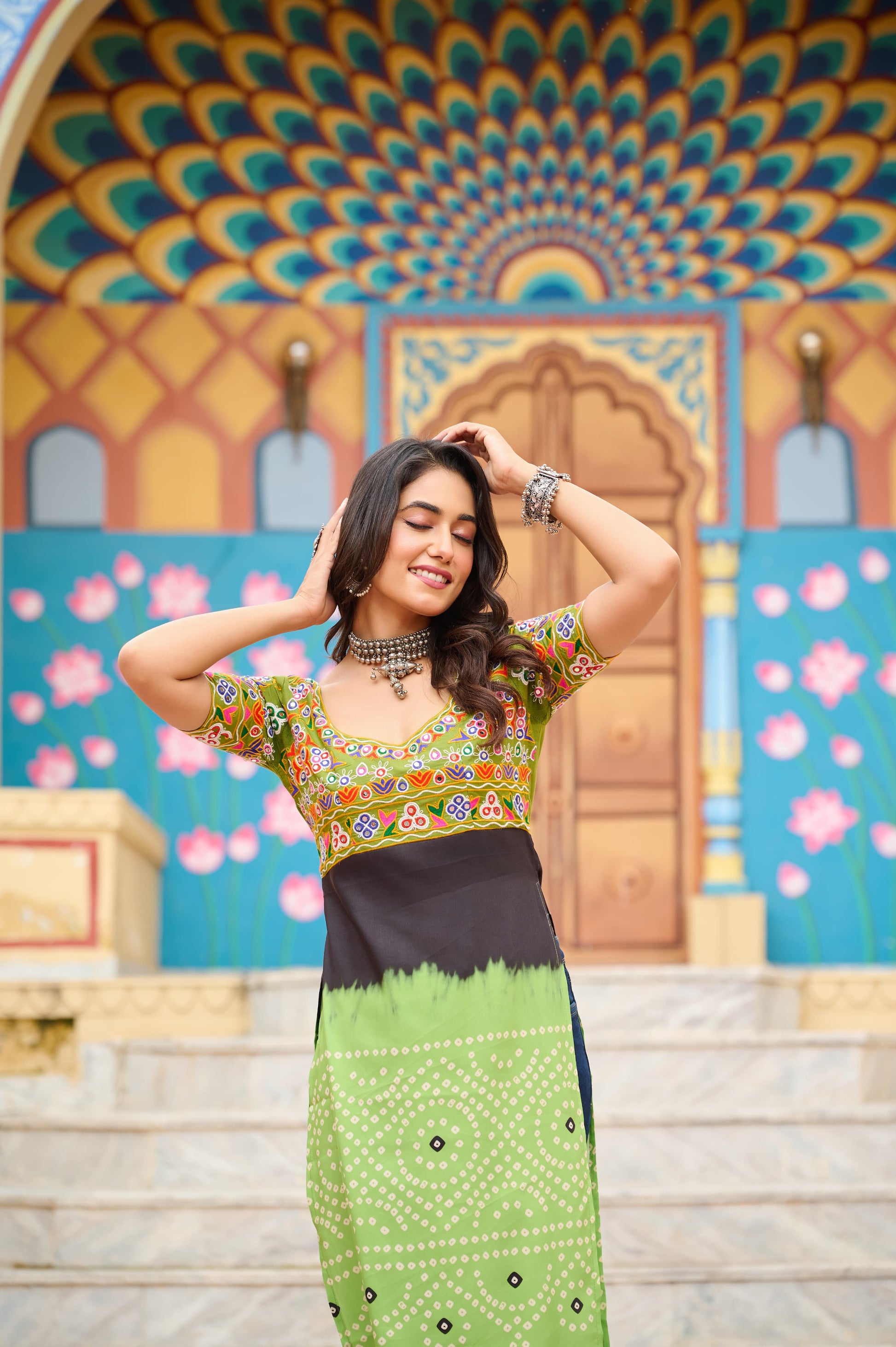 Prazu Fashion Light Green Rayon Printed With Kutchi Gamthi Work Navaratri Kurti