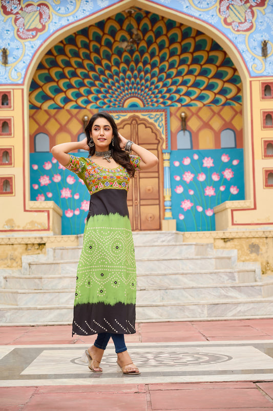 Prazu Fashion Light Green Rayon Printed With Kutchi Gamthi Work Navaratri Kurti