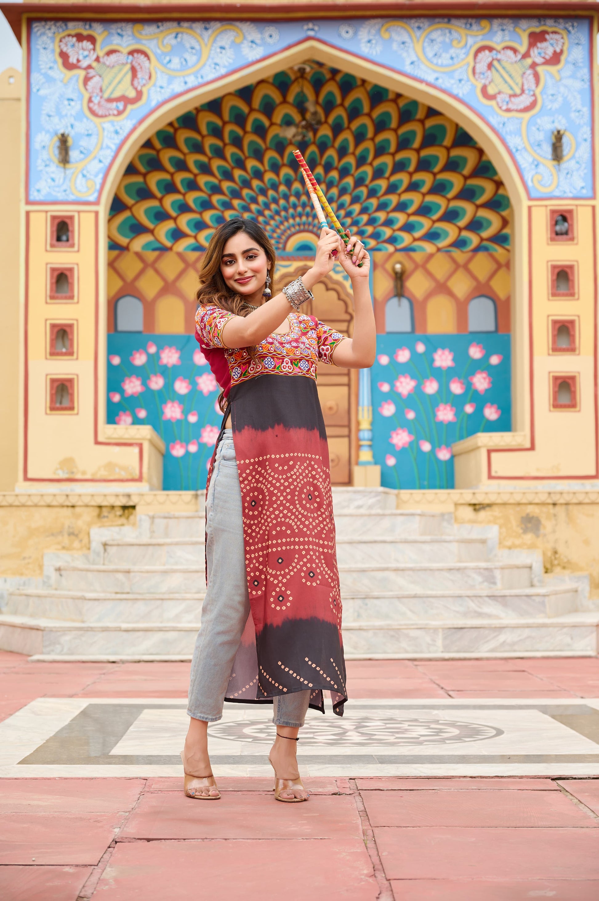 Prazu Fashion Maroon Rayon Printed With Kutchi Gamthi Work Navaratri Kurti