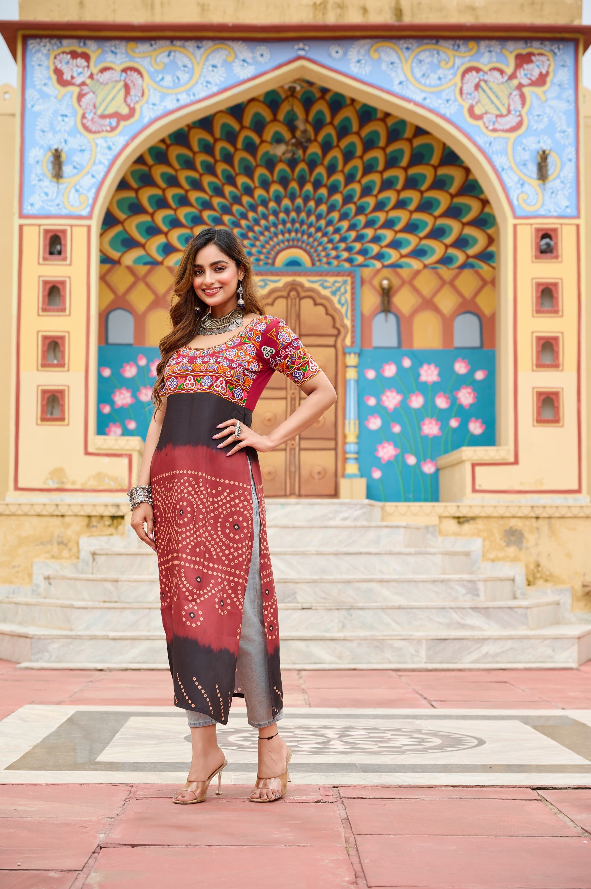 Prazu Fashion Maroon Rayon Printed With Kutchi Gamthi Work Navaratri Kurti