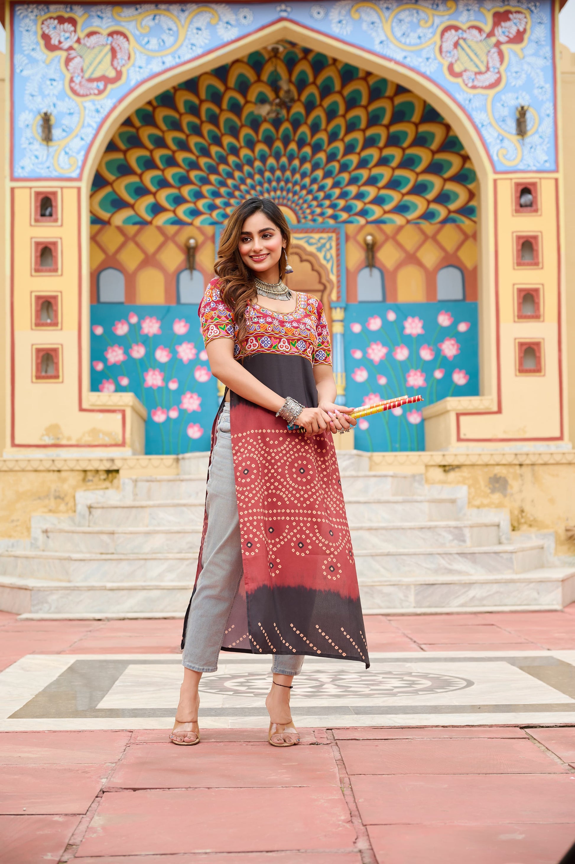 Prazu Fashion Maroon Rayon Printed With Kutchi Gamthi Work Navaratri Kurti