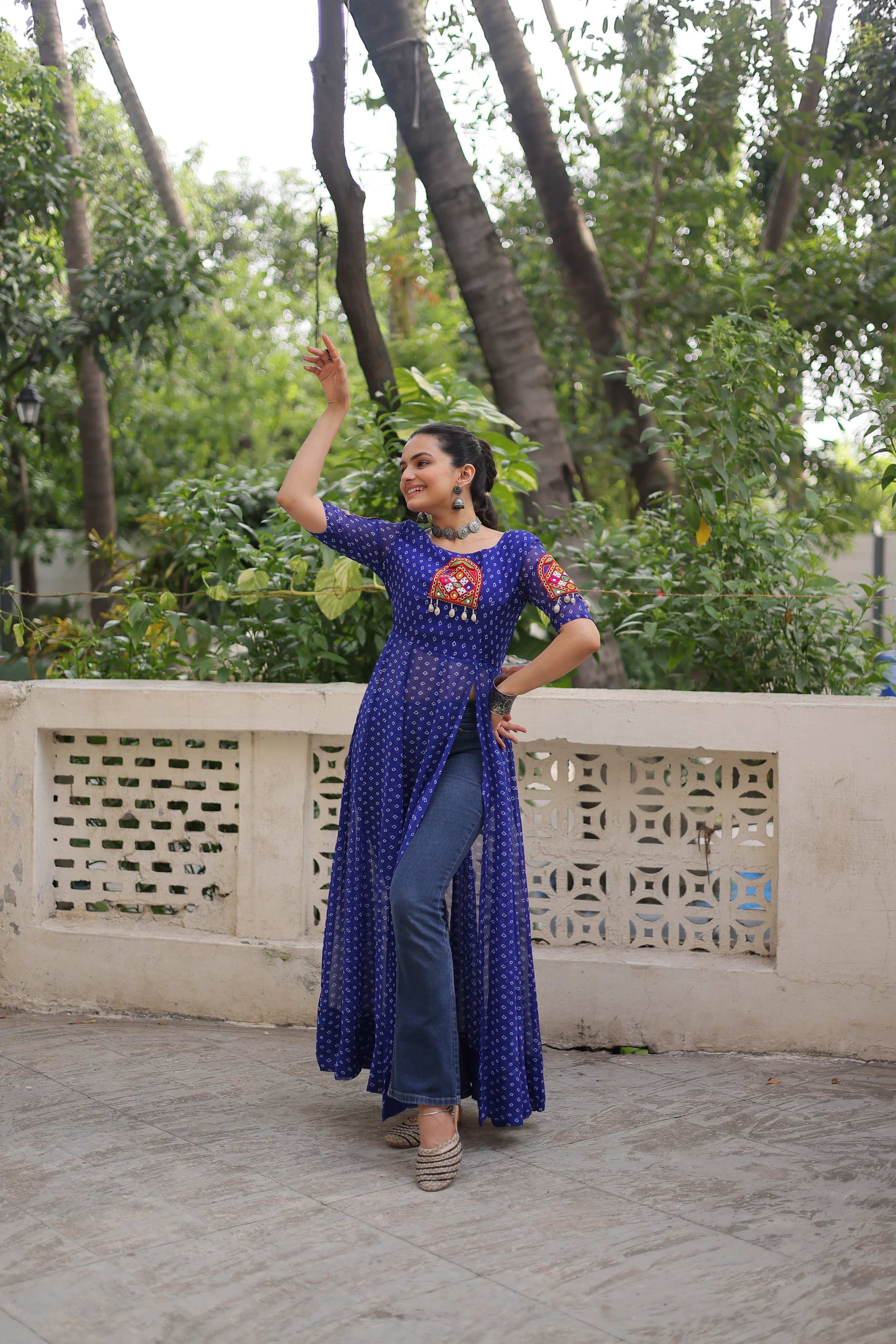 Prazu Fashion Blue Georgette Bandhani Print With Kutchi Patch work Navaratri Kurti