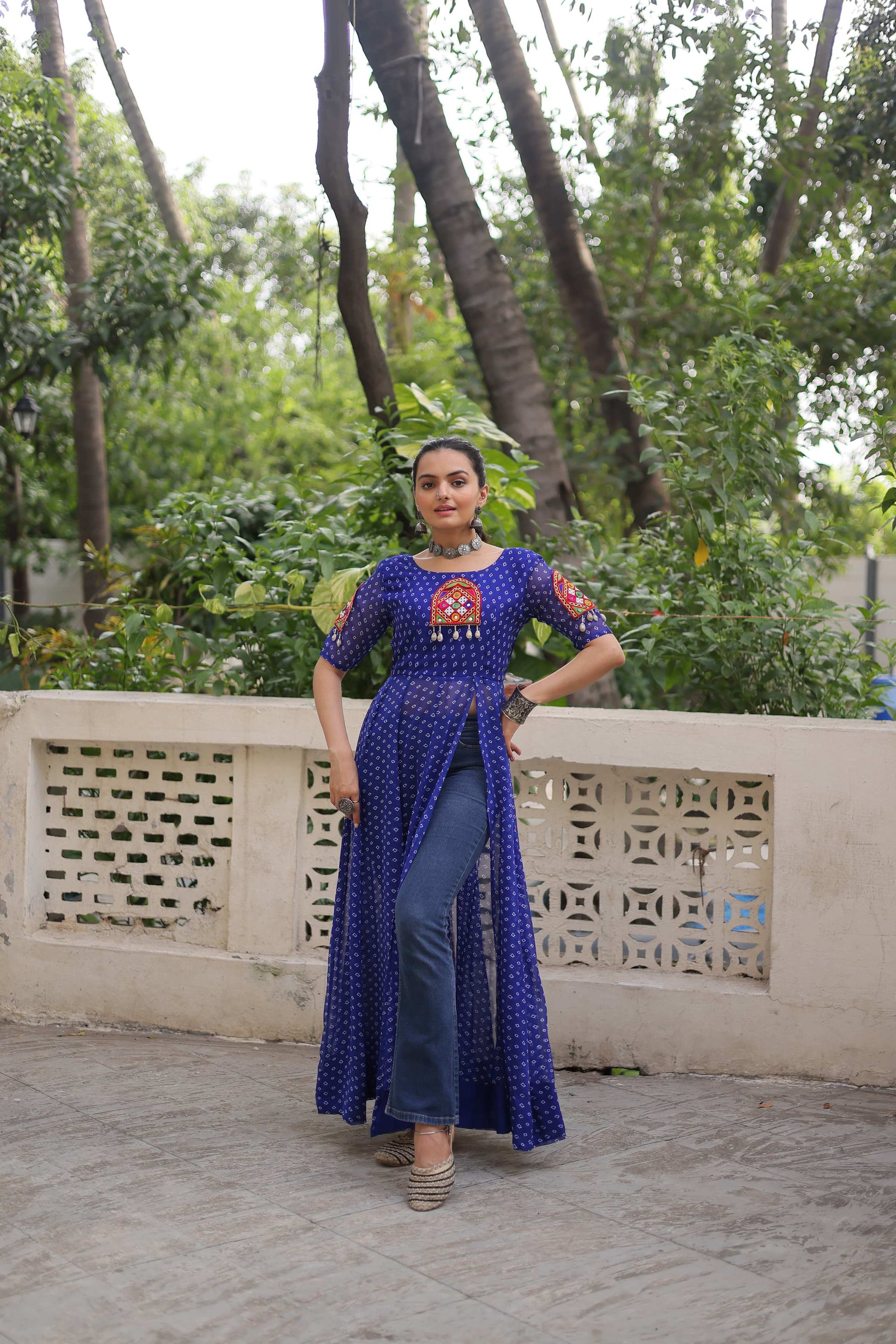 Prazu Fashion Blue Georgette Bandhani Print With Kutchi Patch work Navaratri Kurti